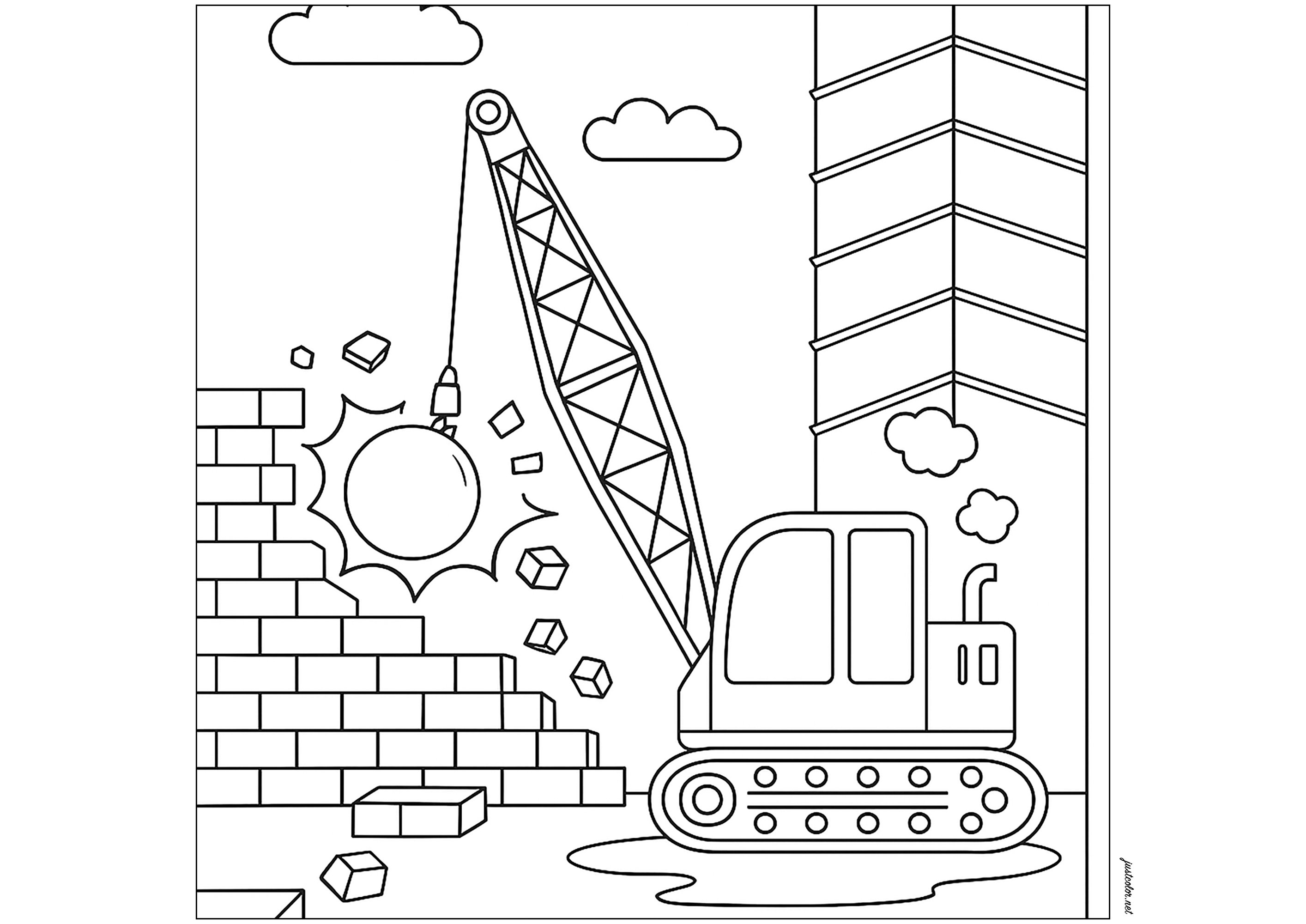 レンガの壁の破壊 (子ども用印刷ぬりえ:建設および現場作業)