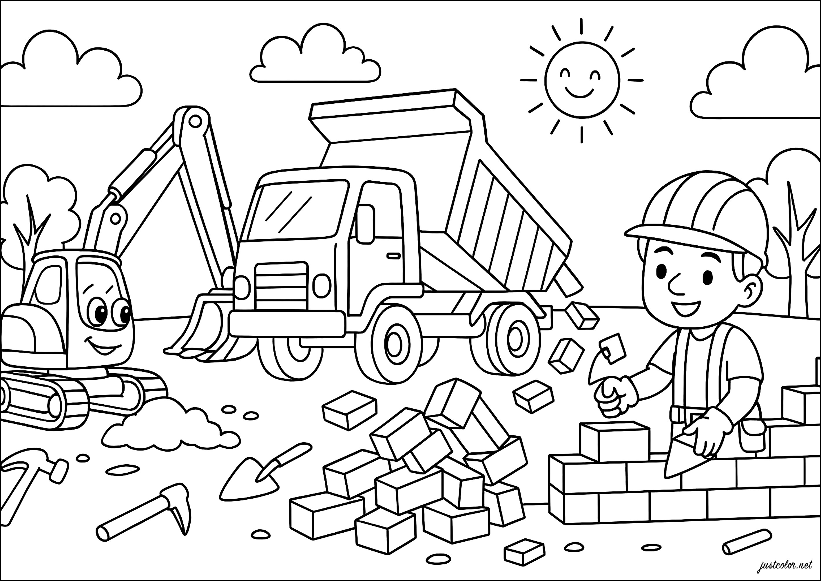 工事中 (子ども用印刷ぬりえ:建設および現場作業)