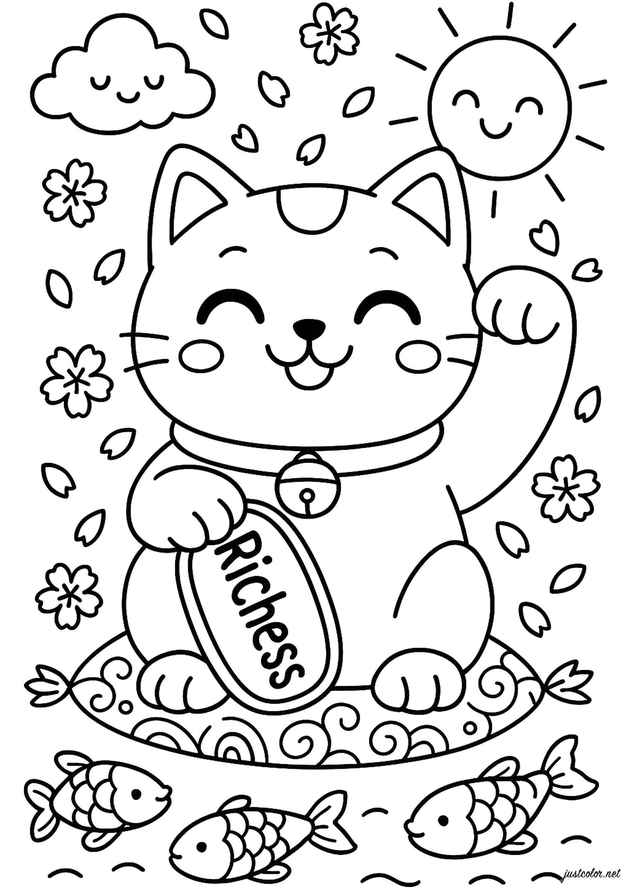 幸せで幸運な猫 (子ども用印刷ぬりえ:招き猫)