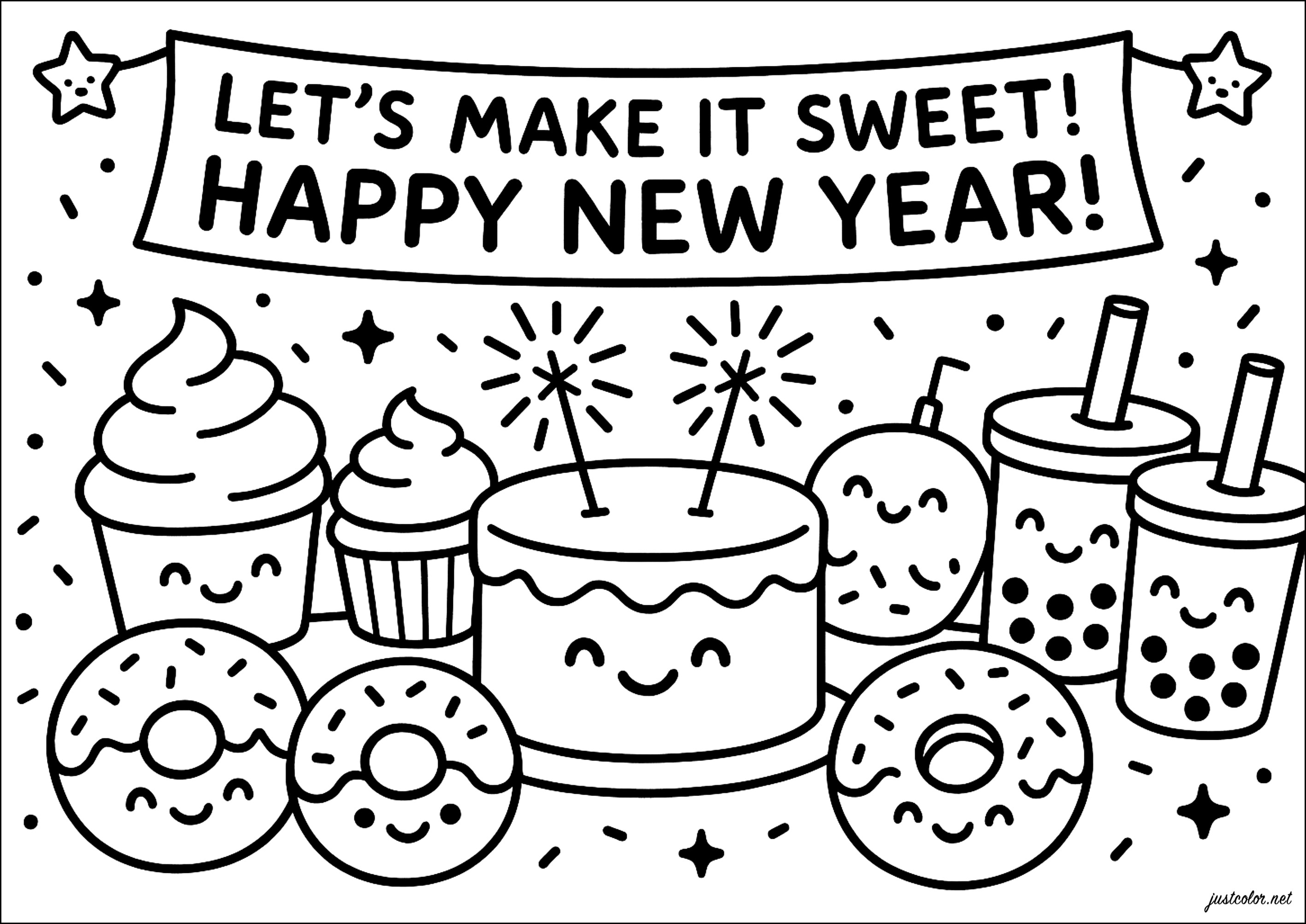 美食で年を祝う (子ども用印刷ぬりえ:新年おめでとう)