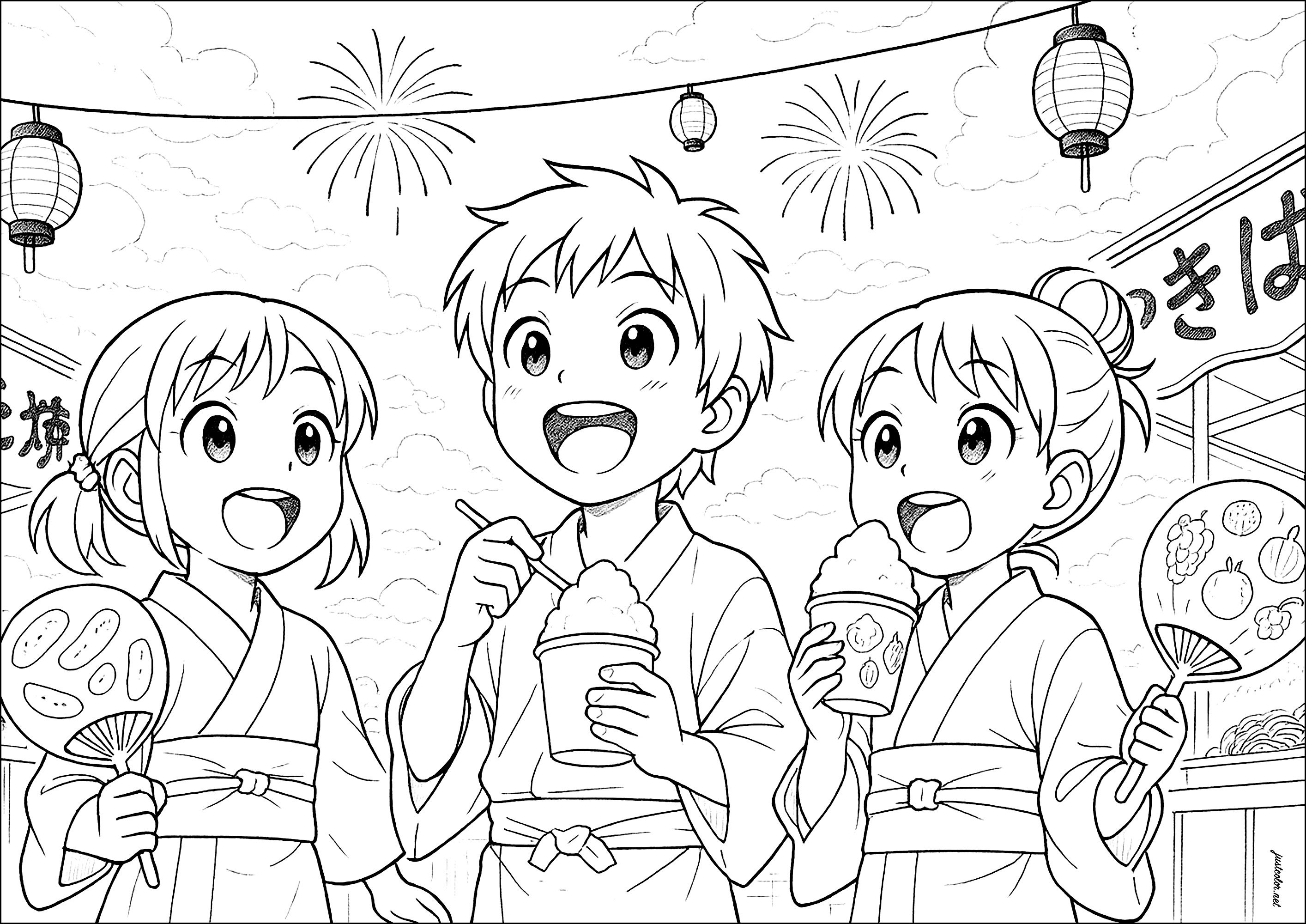 東京を3人の友人と探索する (子ども用印刷ぬりえ：日本)