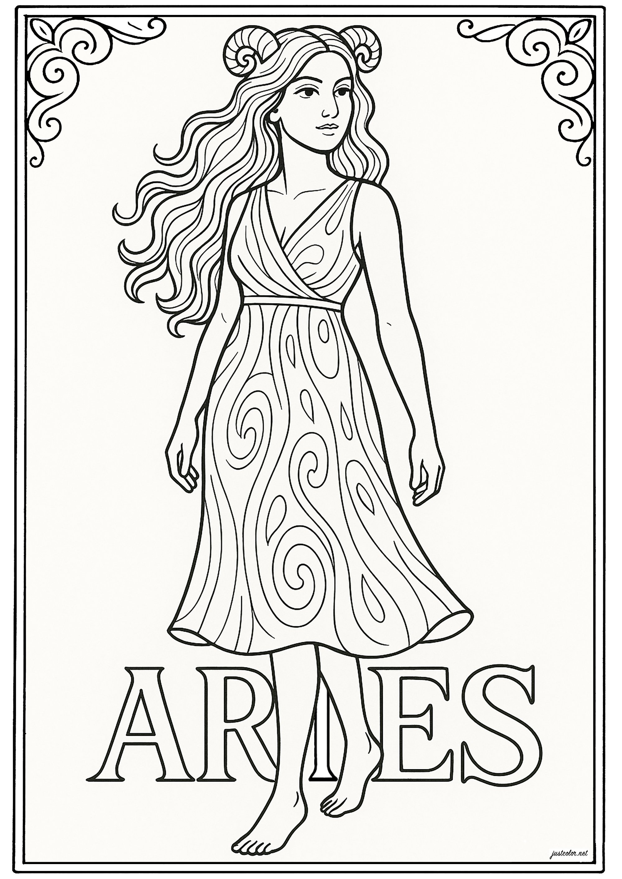 白羊座(Aries)を女性として表す (子ども用印刷ぬりえ:星座)