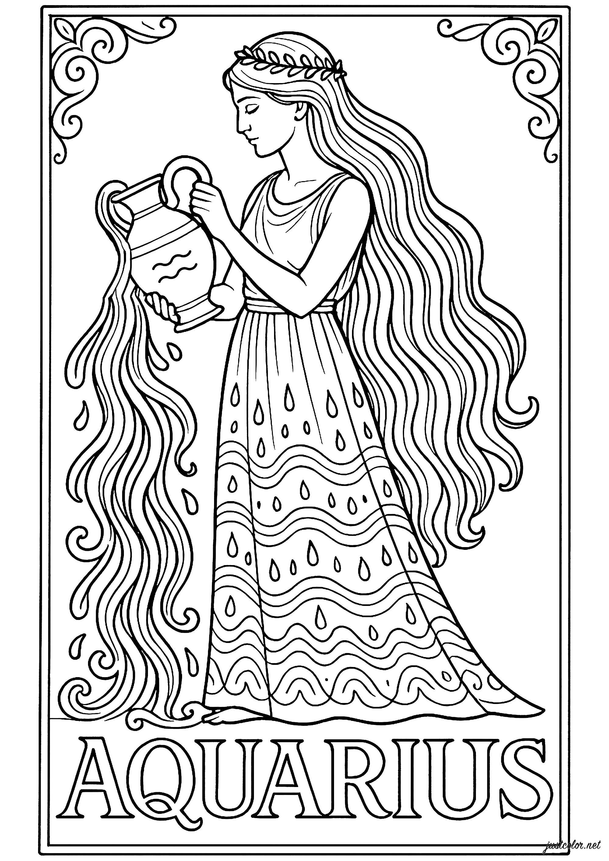 水瓶座（Aquarius）を女性で表したもの (子ども用印刷ぬりえ：星座)