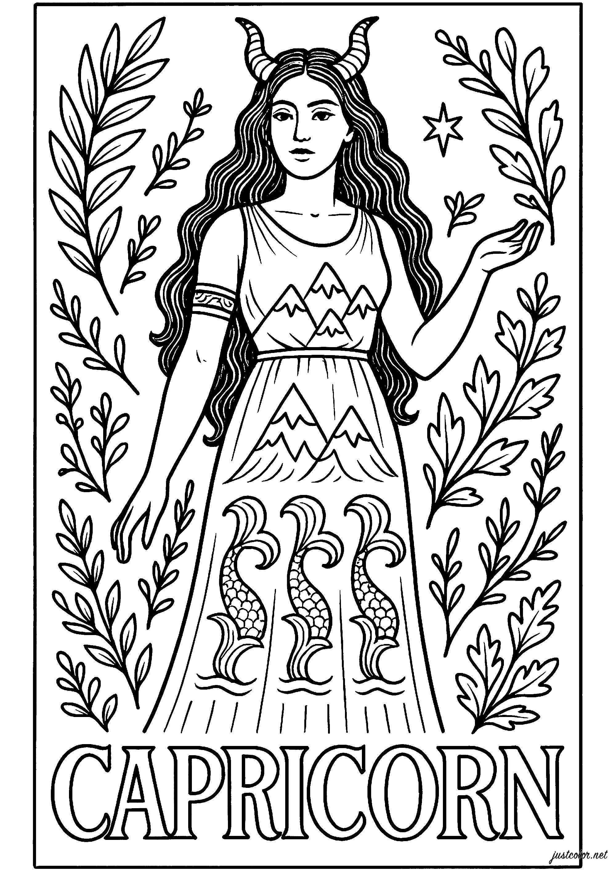 山羊座(Capricorn)のサインは女性によって表される (子ども用印刷ぬりえ:星座)