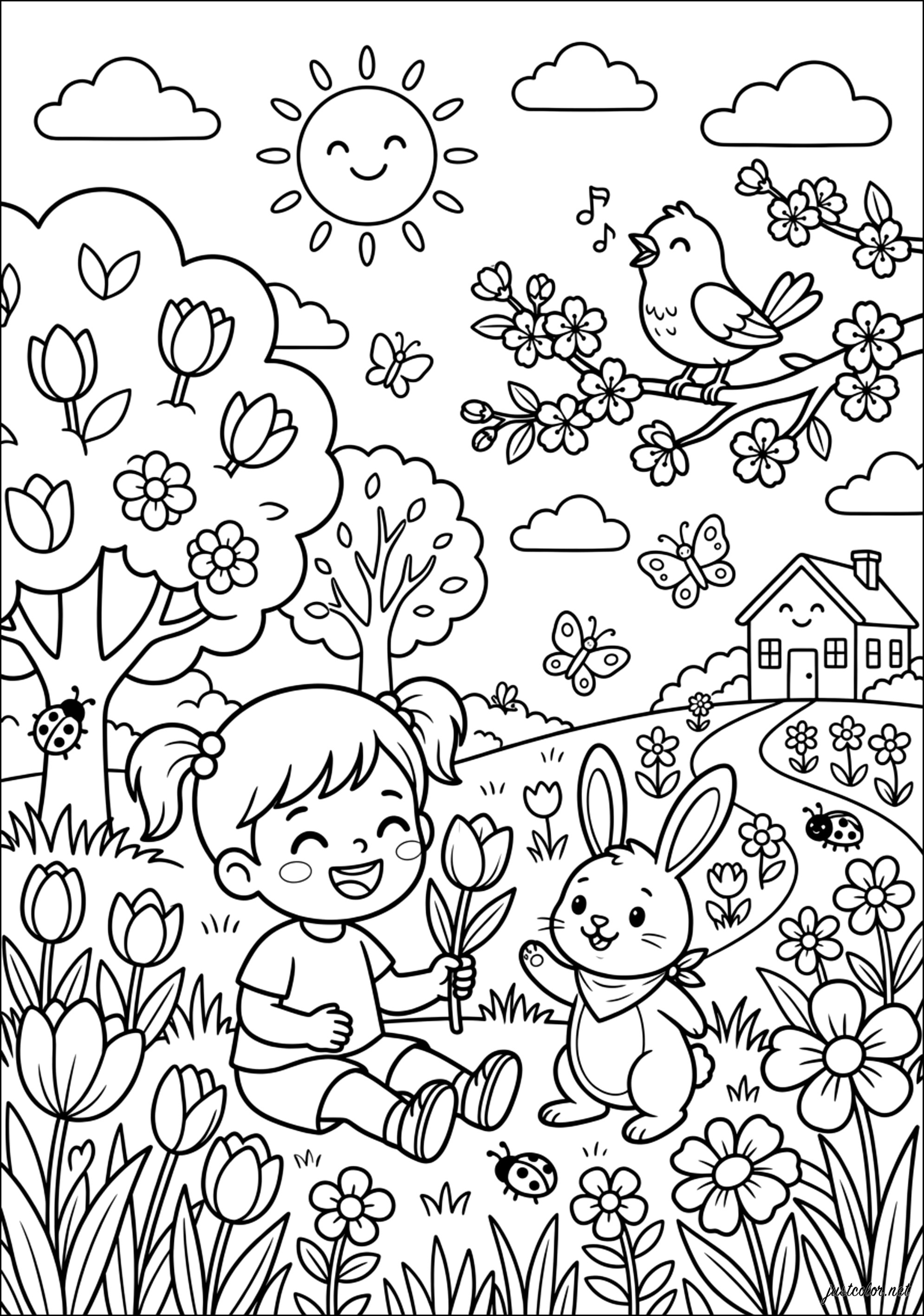 春のウサギ (子ども用印刷ぬりえ：春)