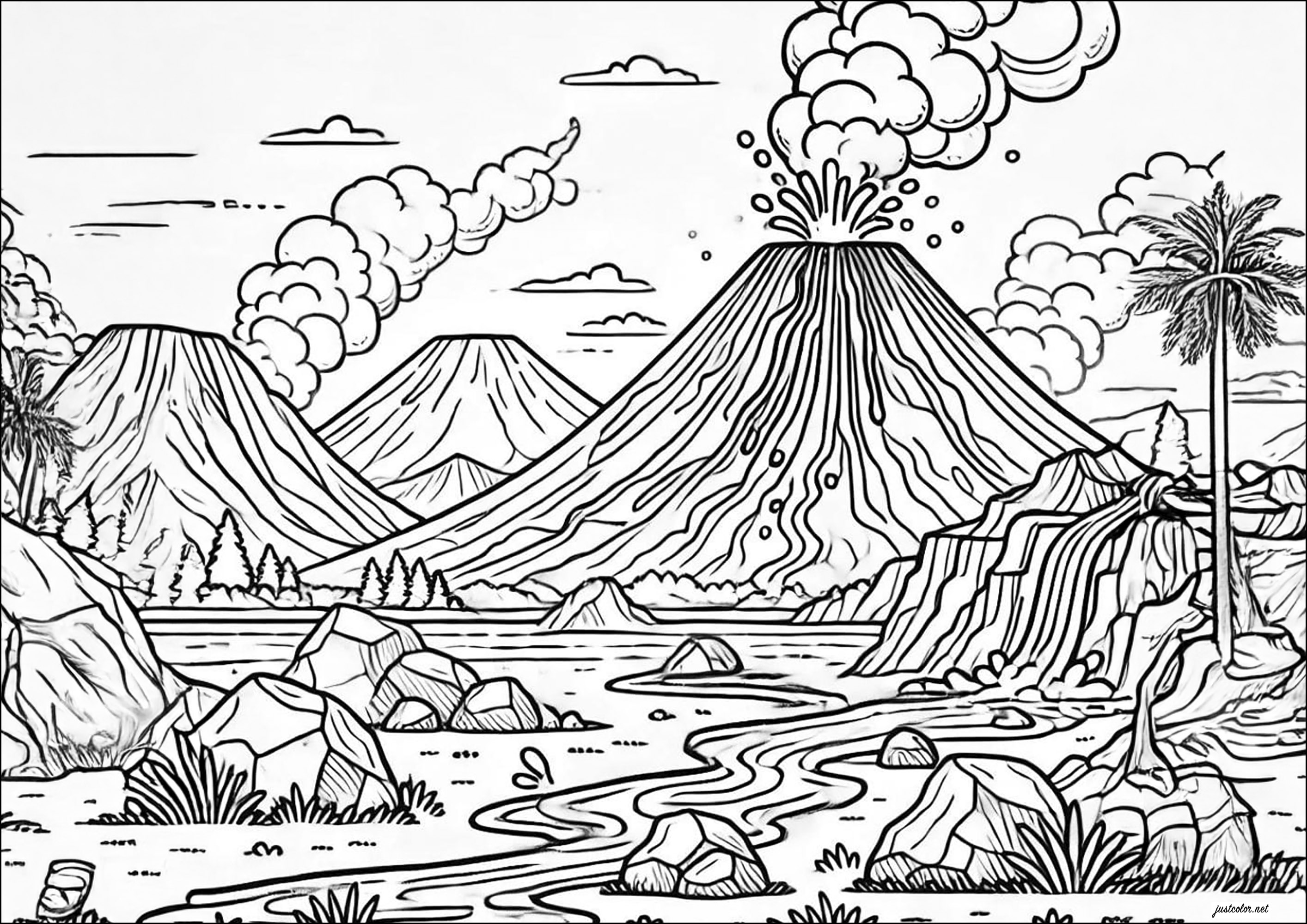 火山の塗り絵、細部までたくさん描かれた (子ども用印刷ぬりえ:火山)