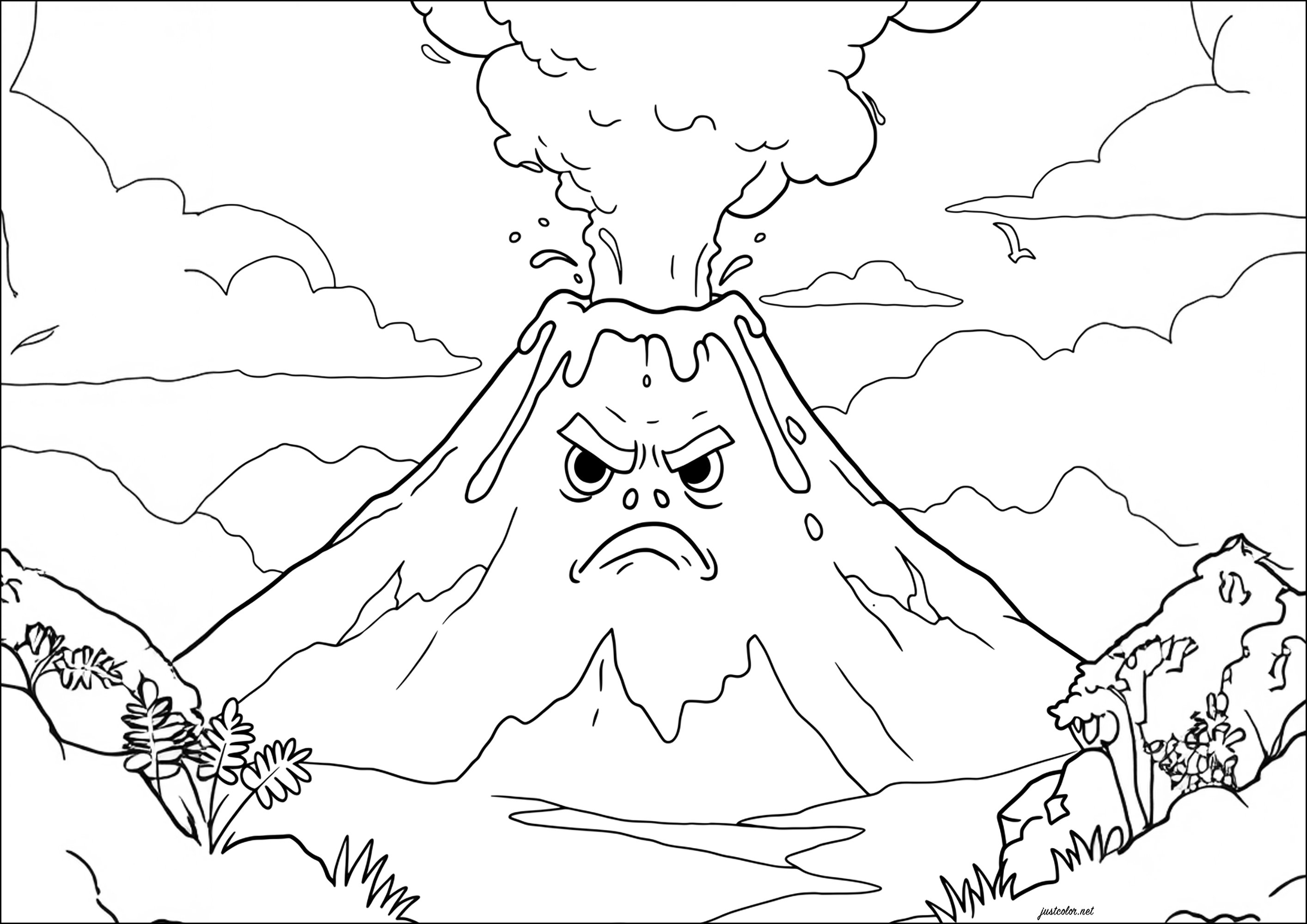 怒れる火山、溶岩を噴き出す (子ども用印刷ぬりえ:火山)