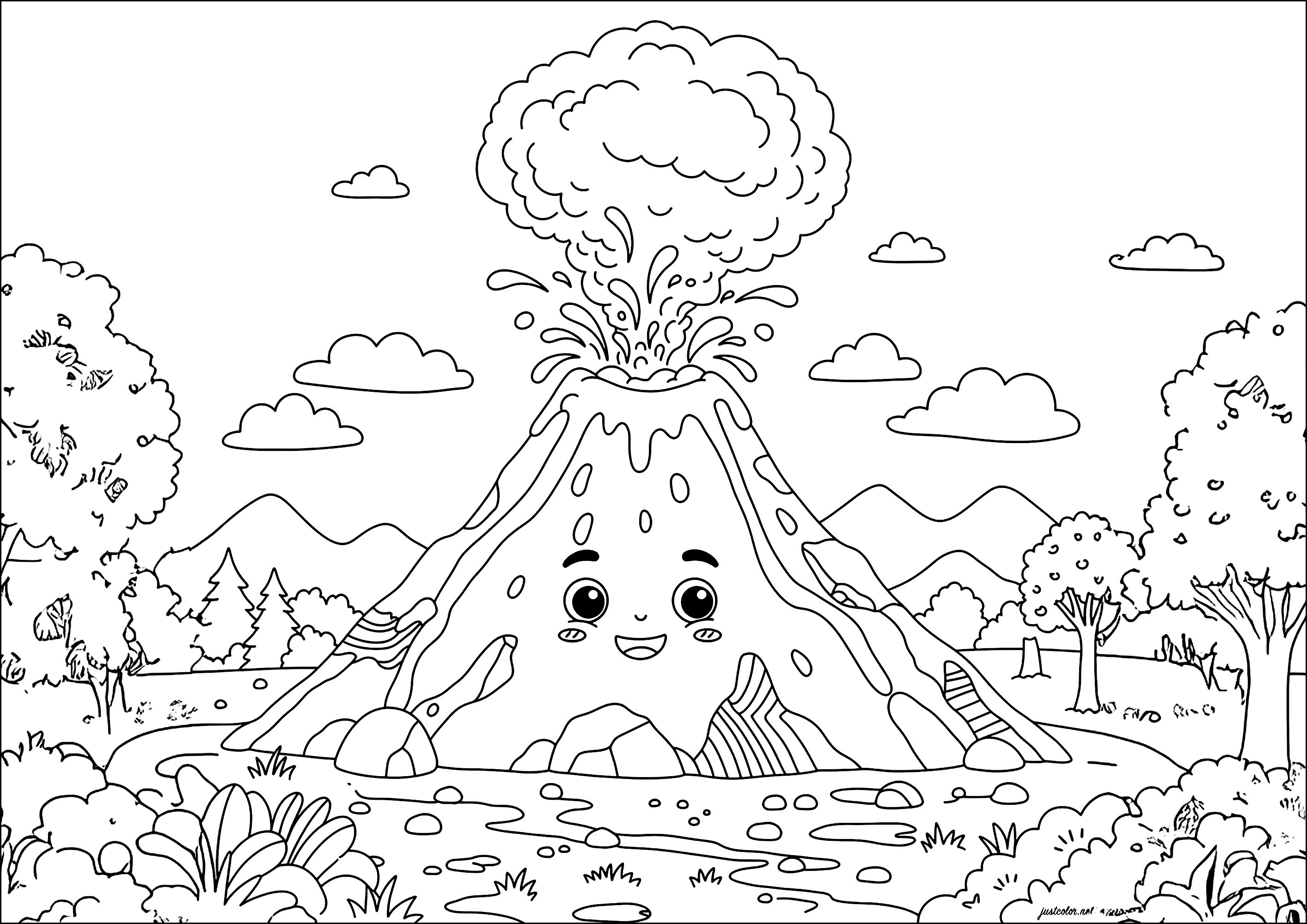 火山と顔 (子ども用印刷ぬりえ:火山)
