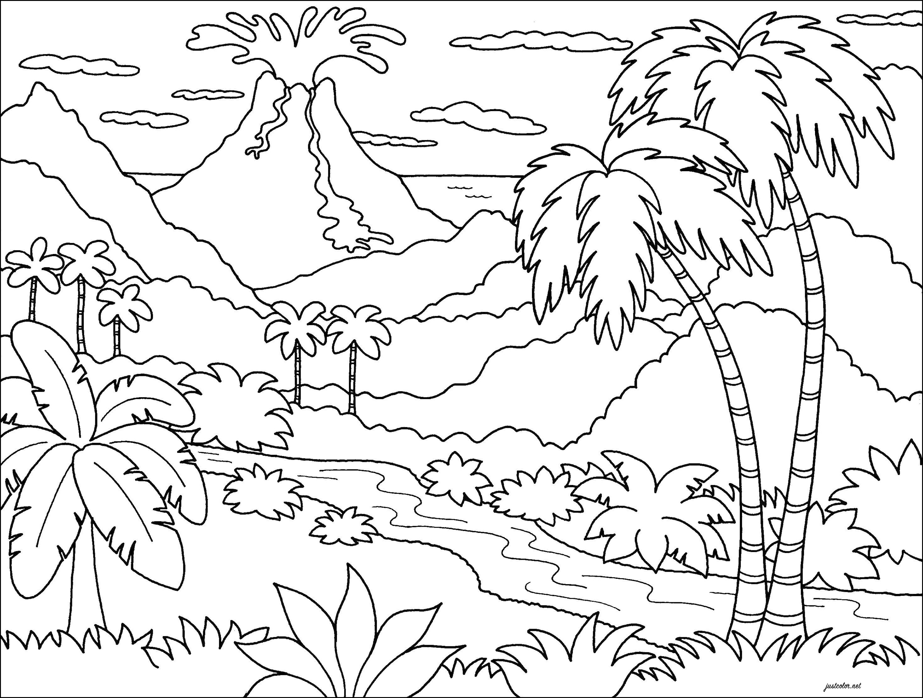 ヤシの木と噴火する火山のある風景 (子ども用印刷ぬりえ:火山)