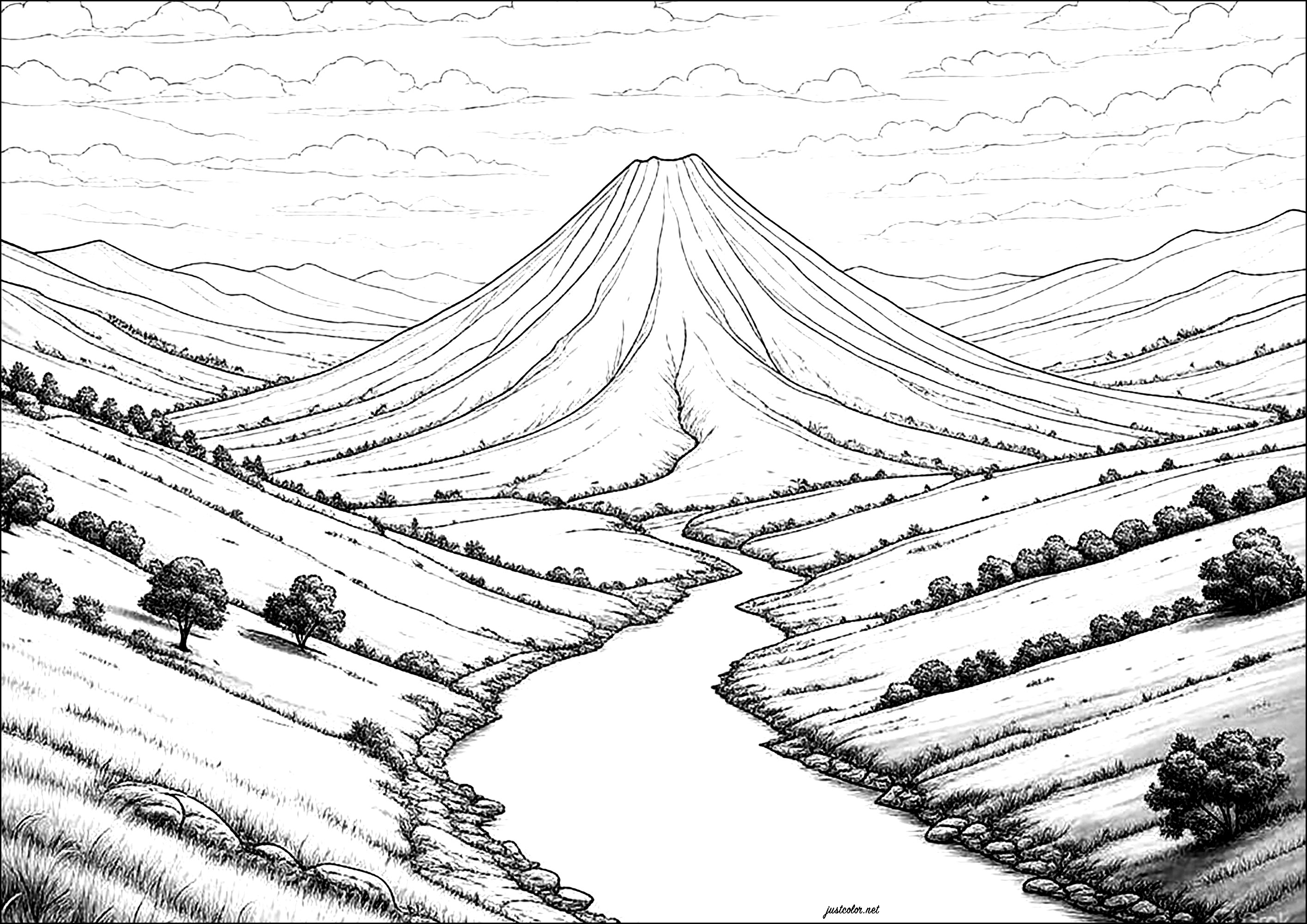 静かな風景の中にある死火山 (子ども用印刷ぬりえ:火山)