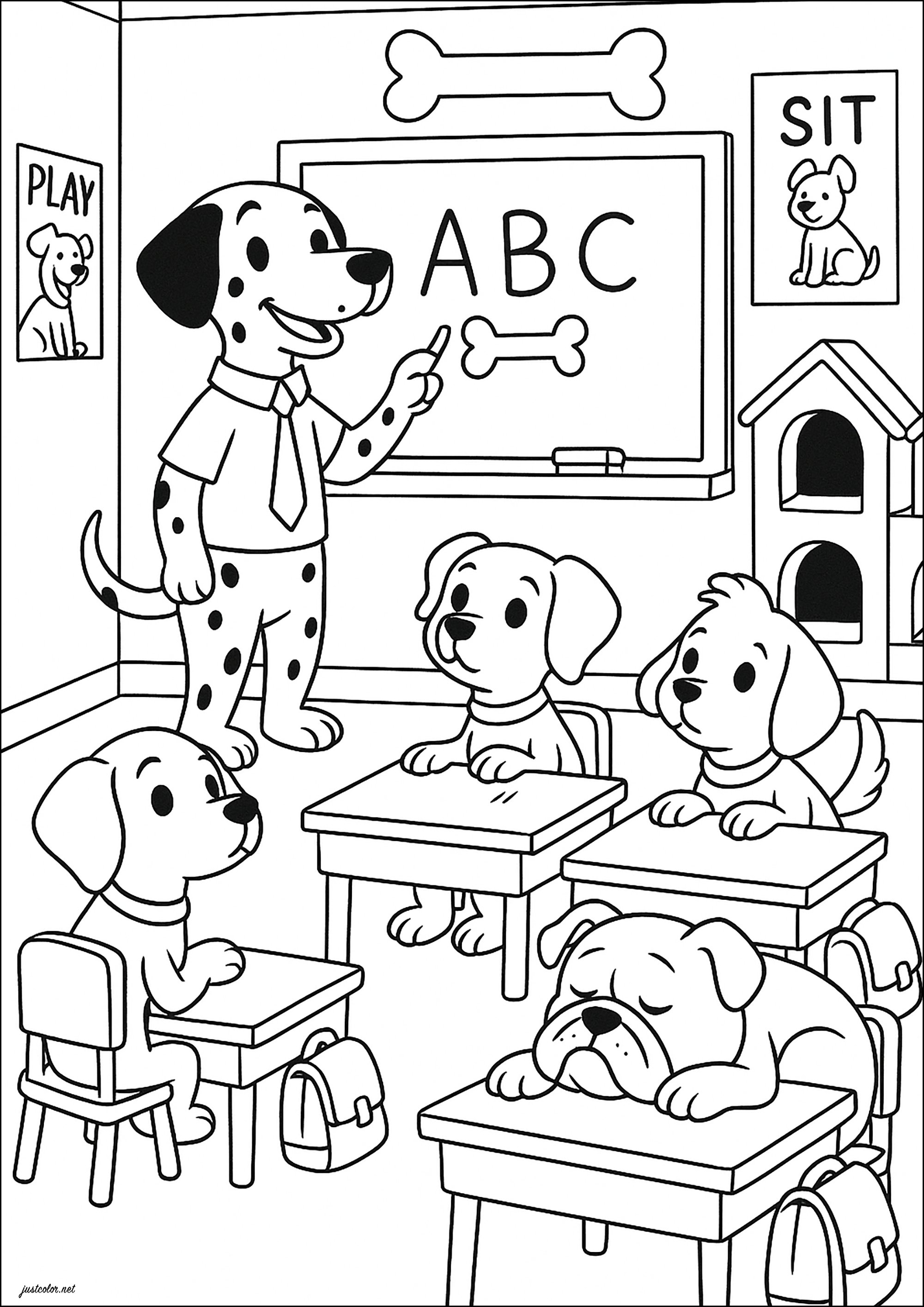 犬の学校 (子ども用印刷ぬりえ:犬)
