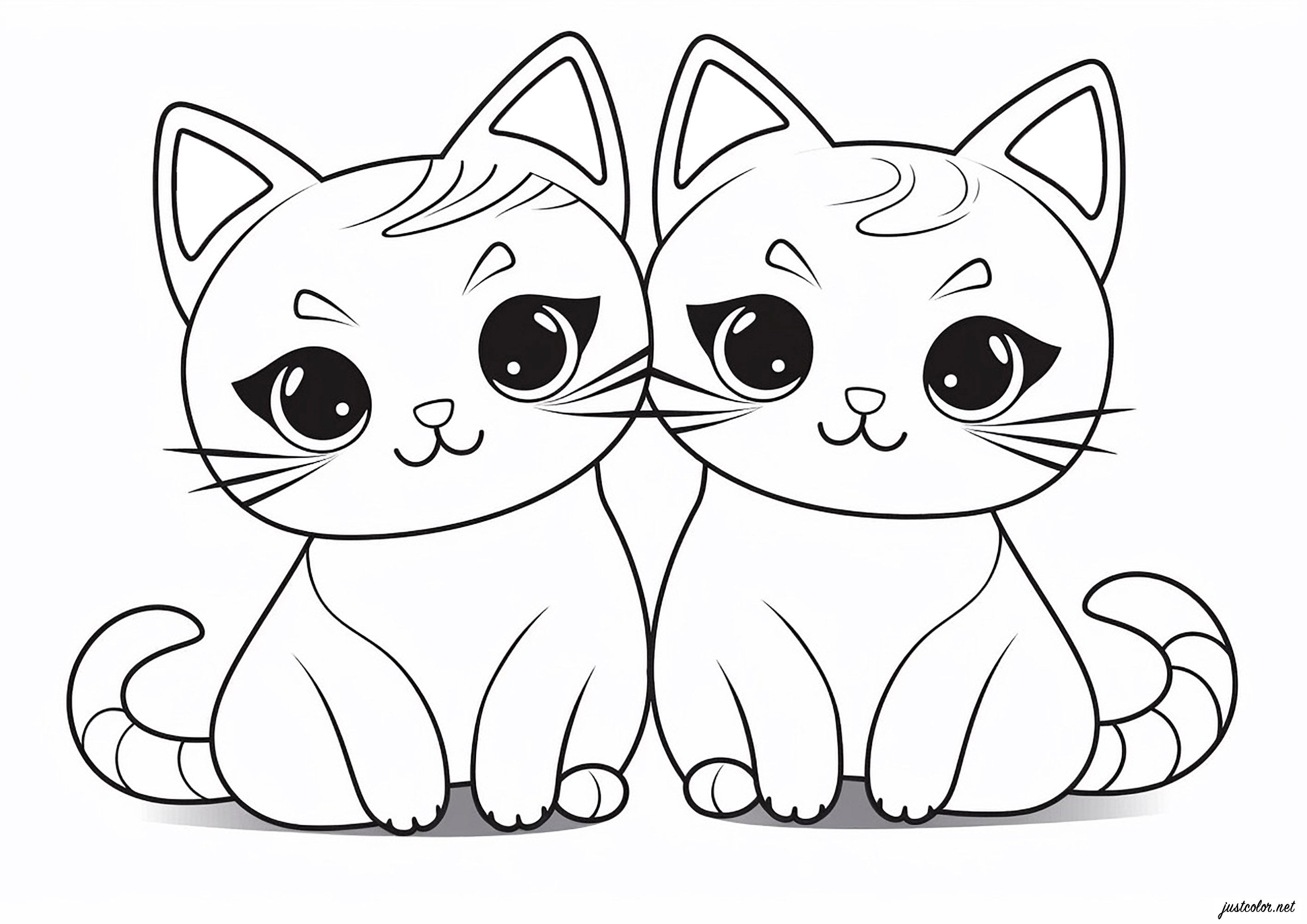 2匹の猫がかわいいカワイイスタイルで、とてもシンプルに描かれています (子ども用印刷ぬりえ:猫)