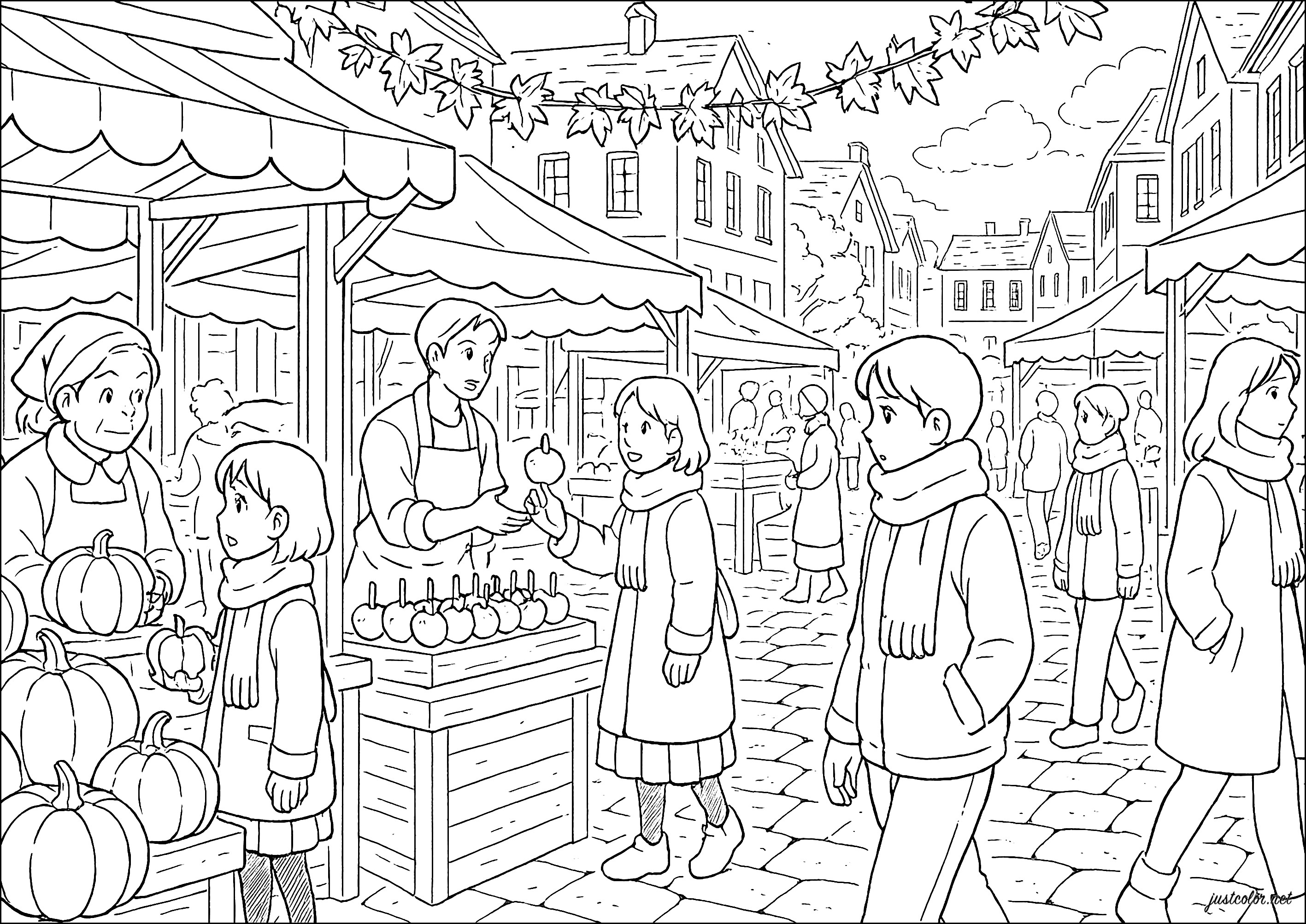 秋の色に染まった賑やかな市場 (子ども用印刷ぬりえ:秋)