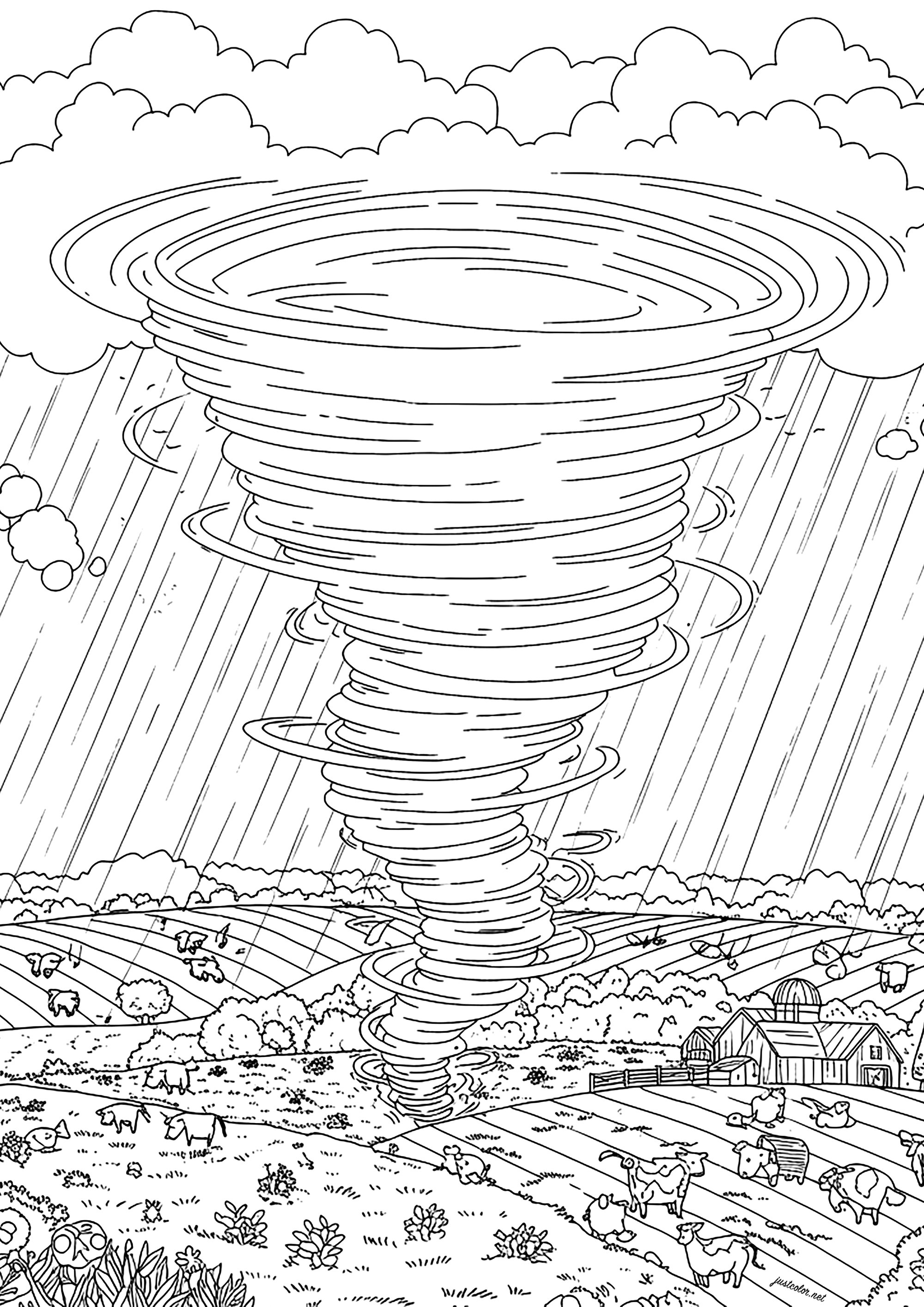牛のいる牧場に竜巻 (子ども用印刷ぬりえ:竜巻)