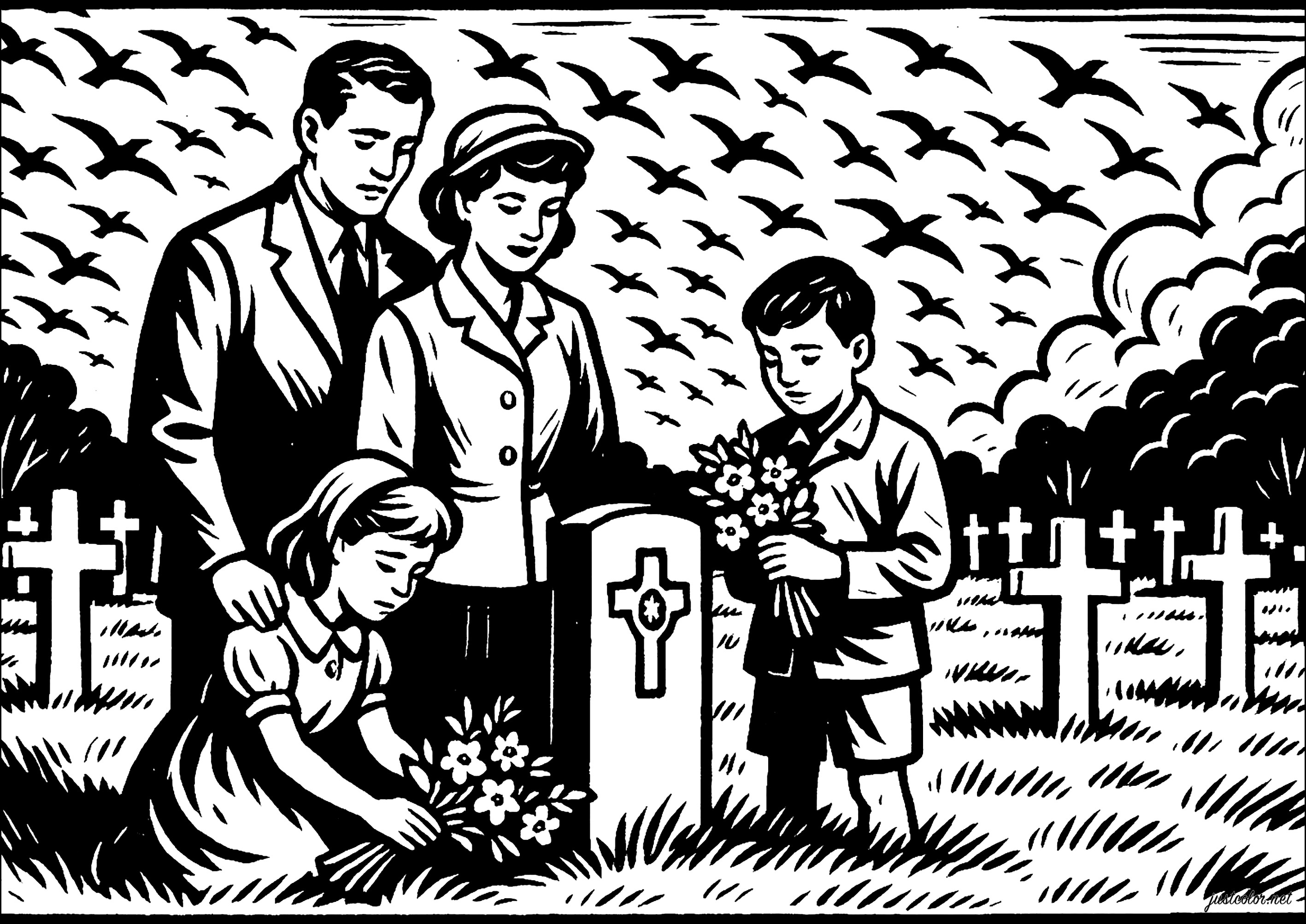 故人への黙祷 (子ども用印刷ぬりえ:記念日)