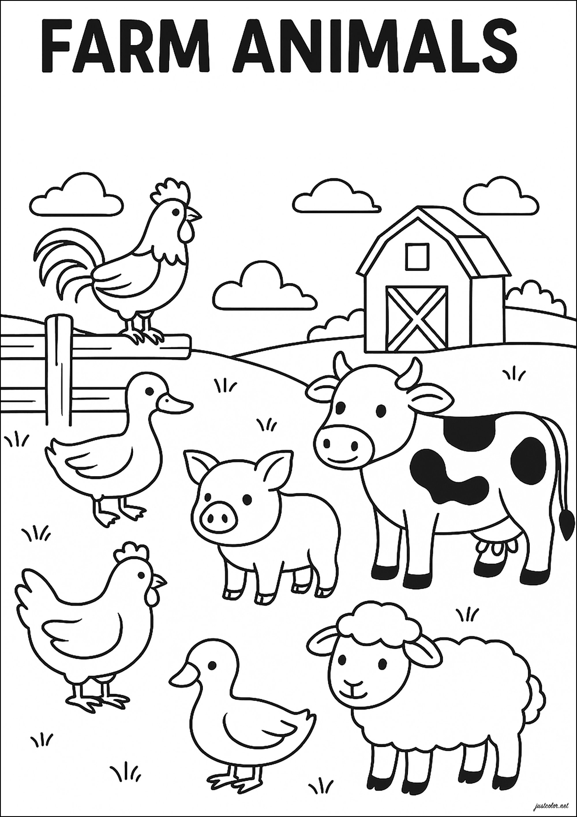 農場の主な動物 (子ども用印刷ぬりえ:農場)