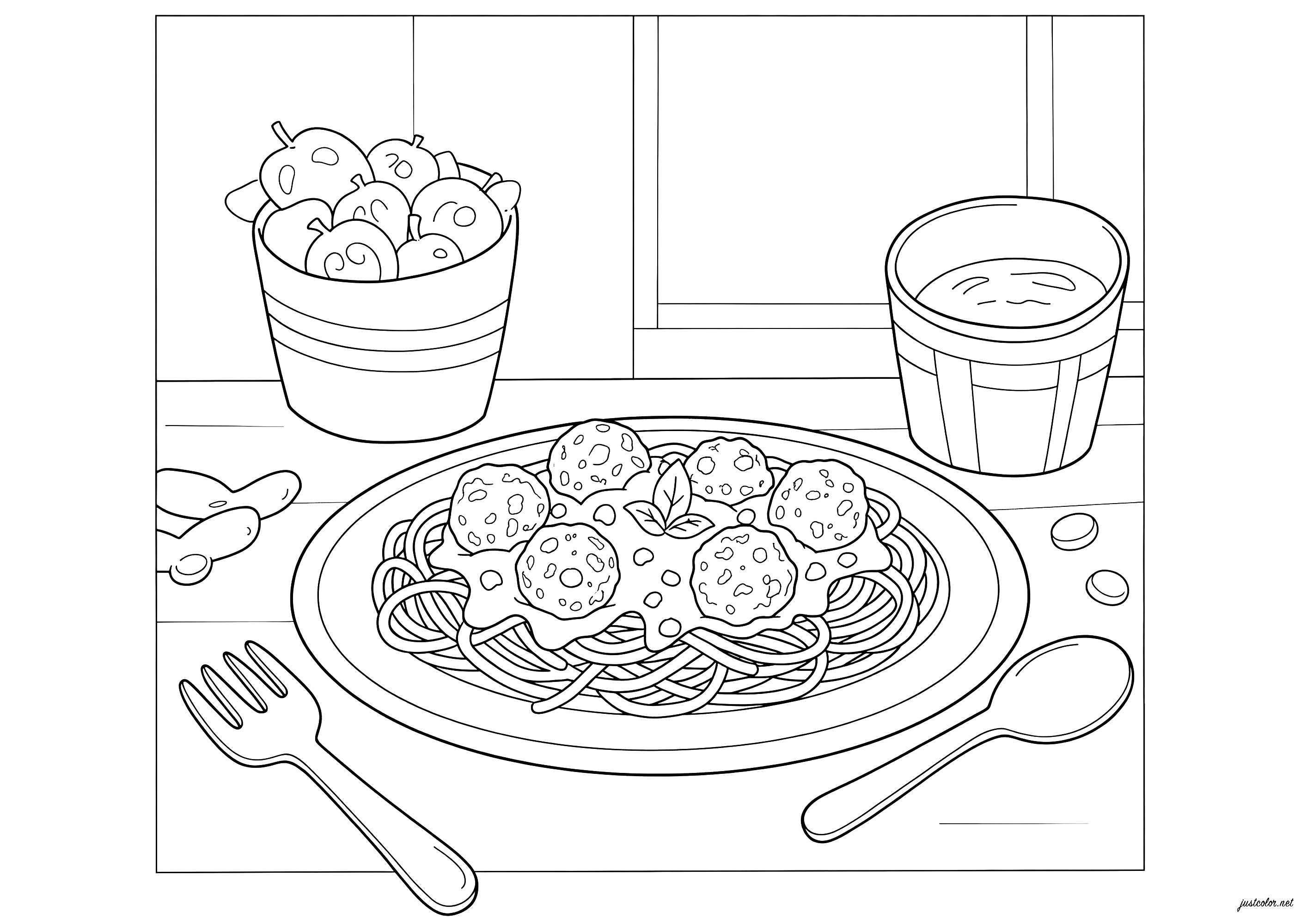 スパゲッティボロネーゼとミートボール (子ども用印刷ぬりえ:食べ物)