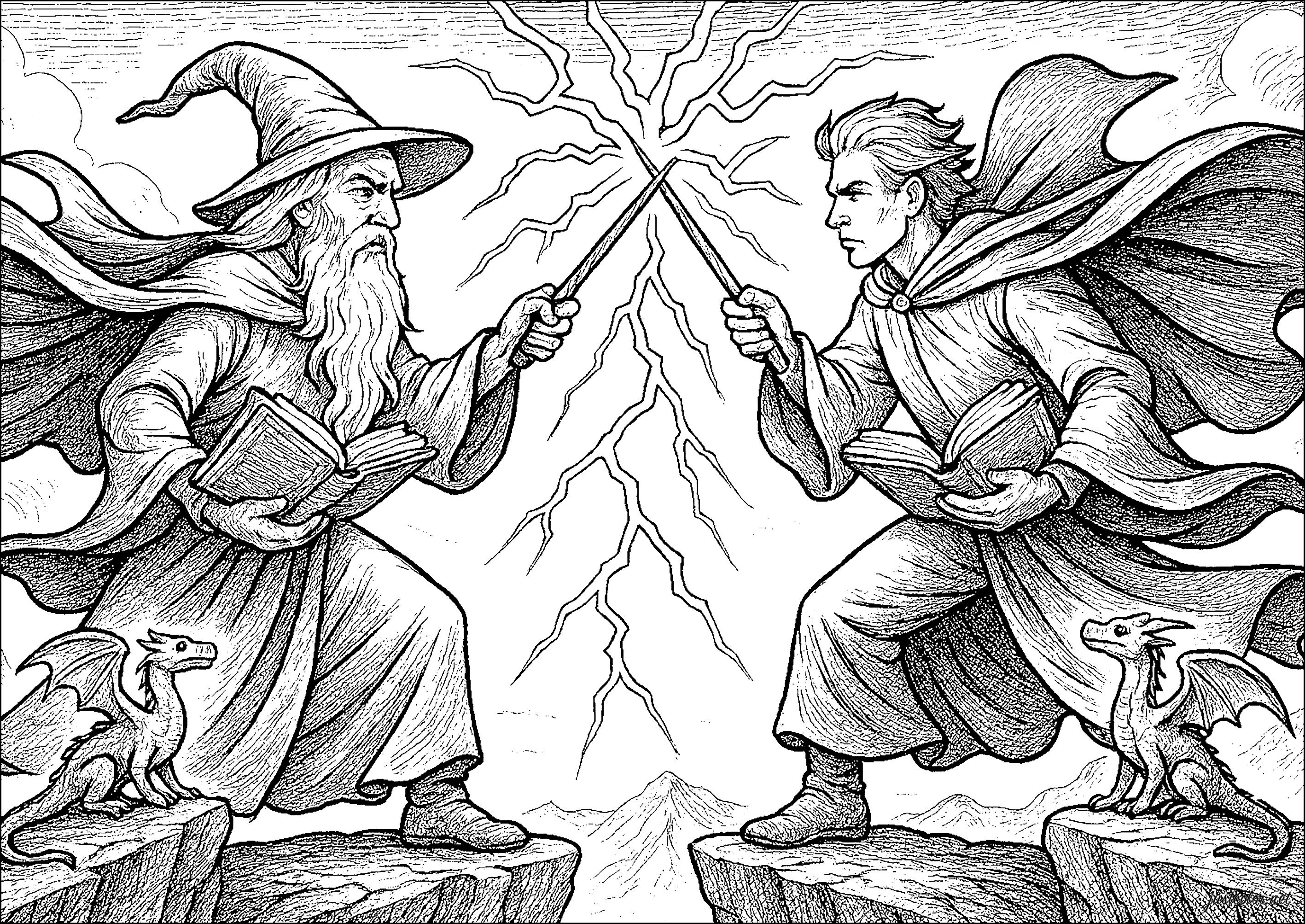 強力な魔法使いたちの魔法の決闘 (子ども用印刷ぬりえ:魔法使い)