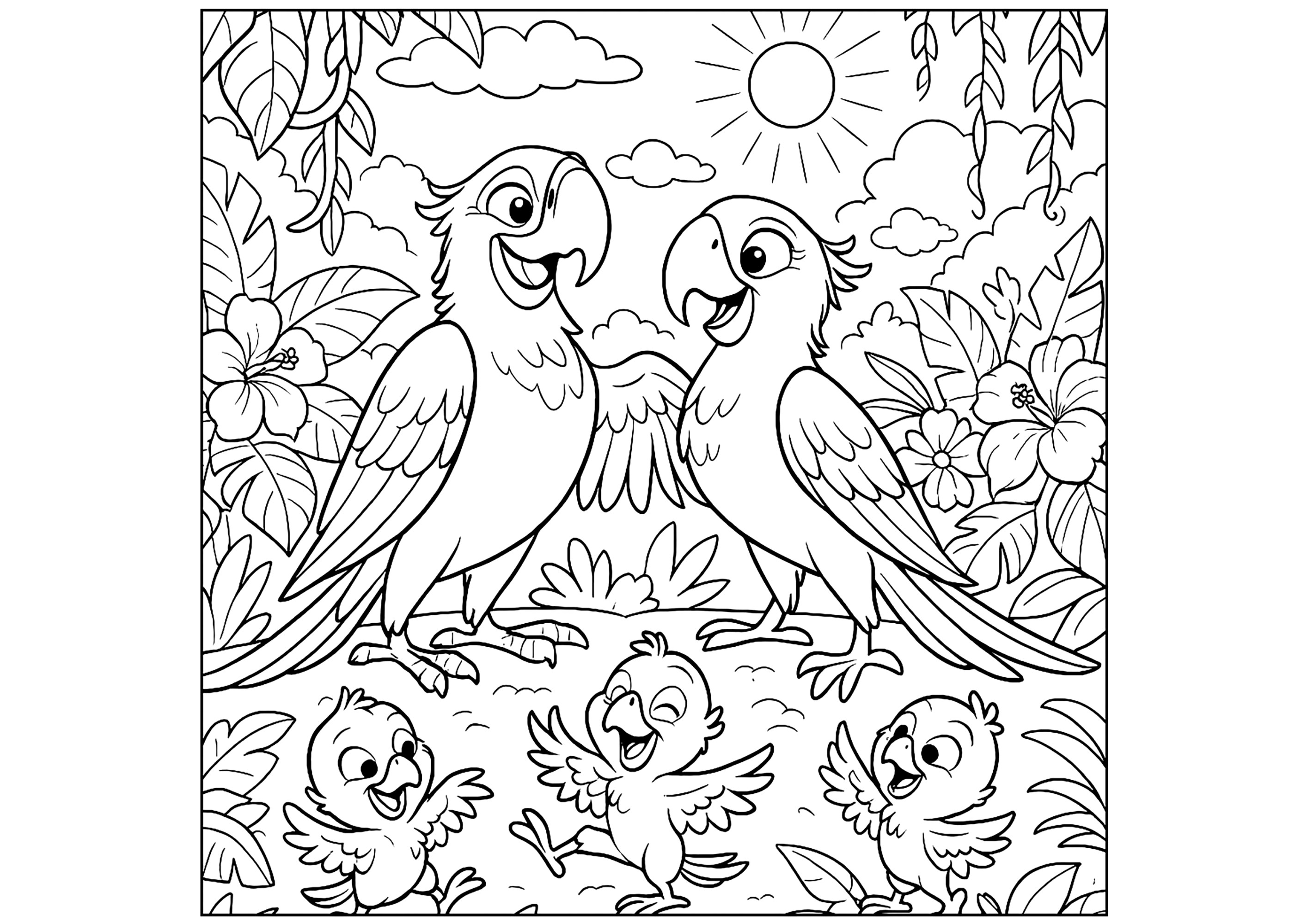 陽気なエキゾチックなオウムとの出会い (子ども用印刷ぬりえ：鳥)