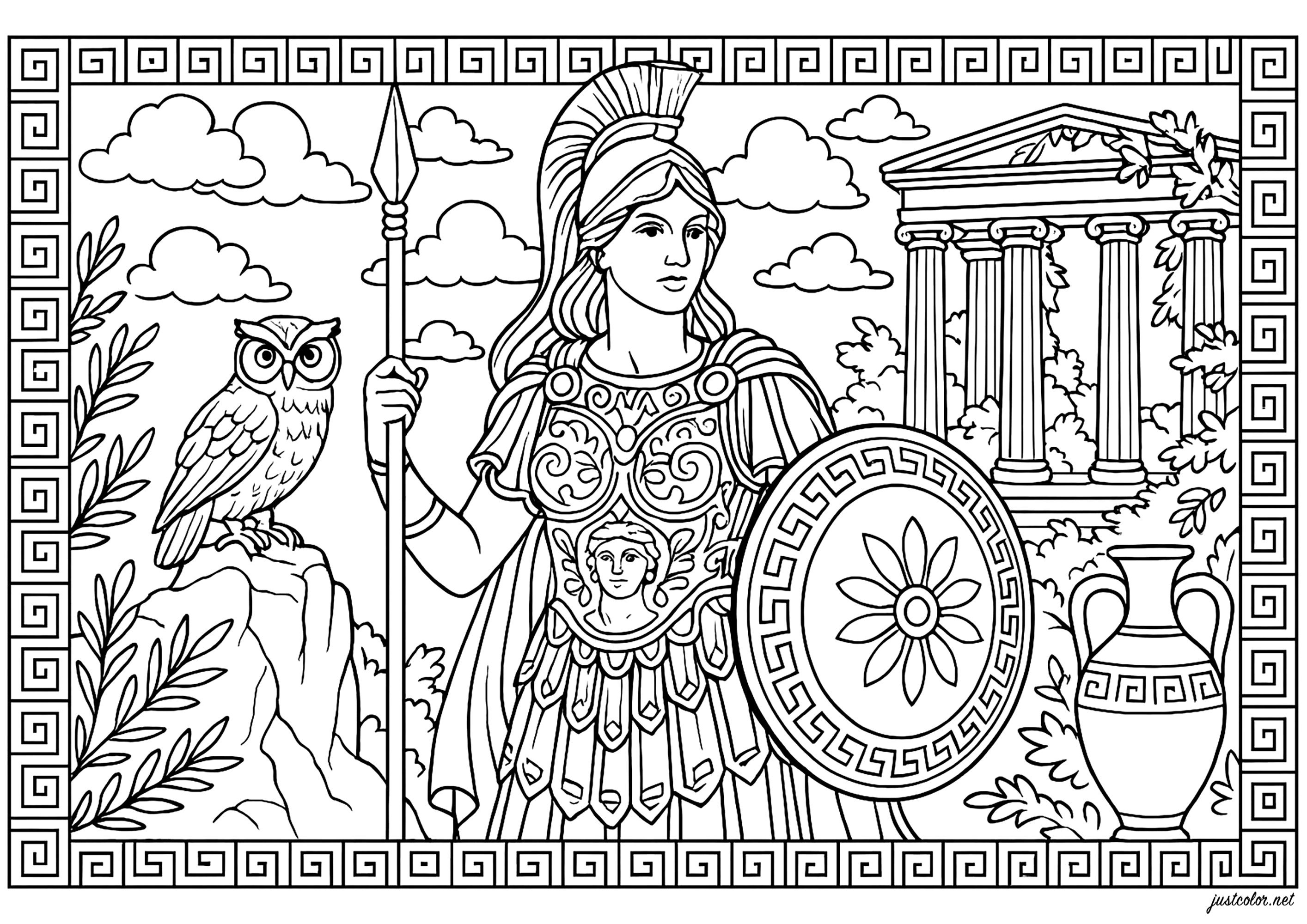 知恵の女神アテナ (複雑なぬりえ 古代ギリシャ 大人向け印刷用)