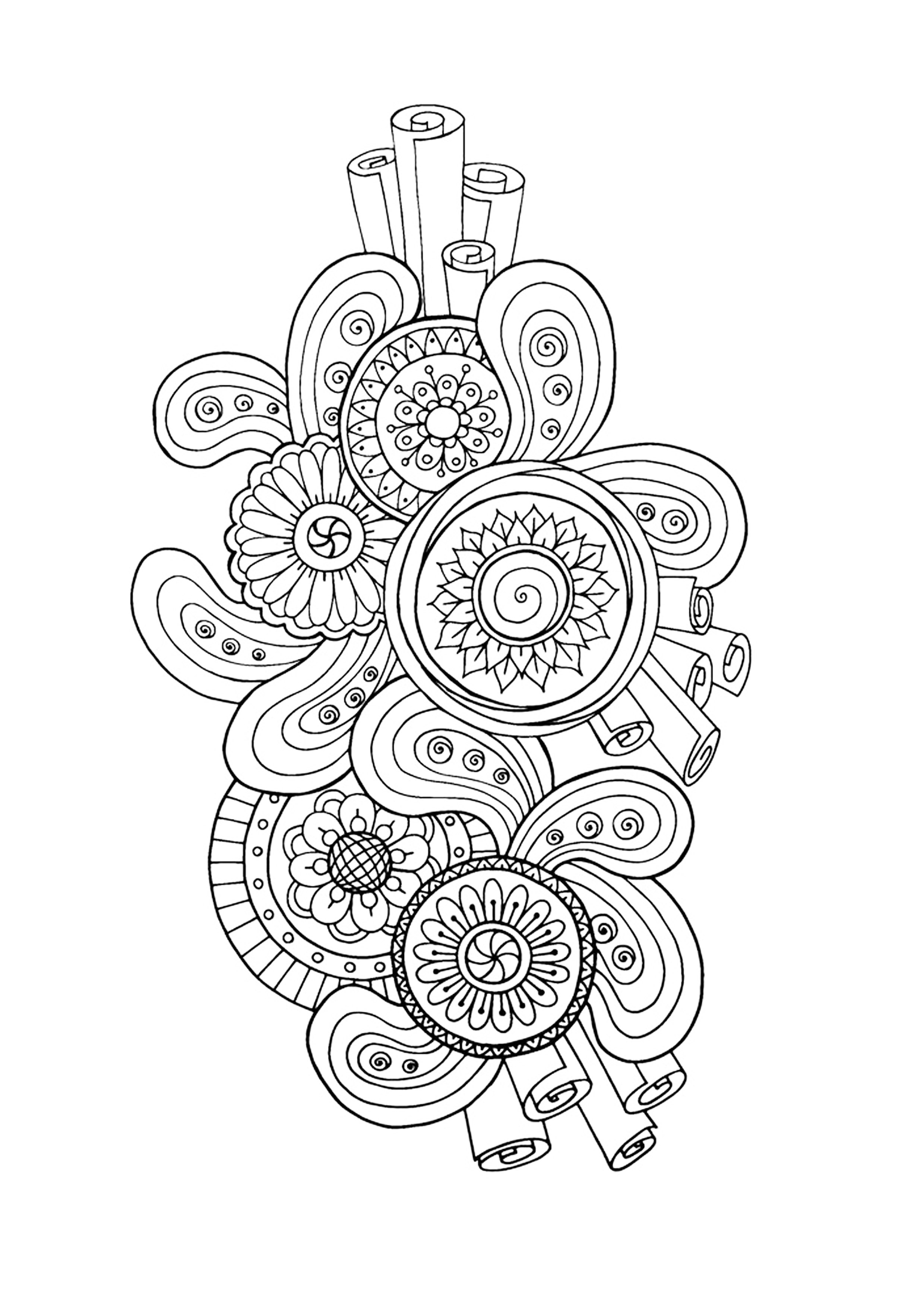 抽象的な花のモチーフの塗り絵 (ぬりえ 抗ストレス / 禅 大人向け印刷用)