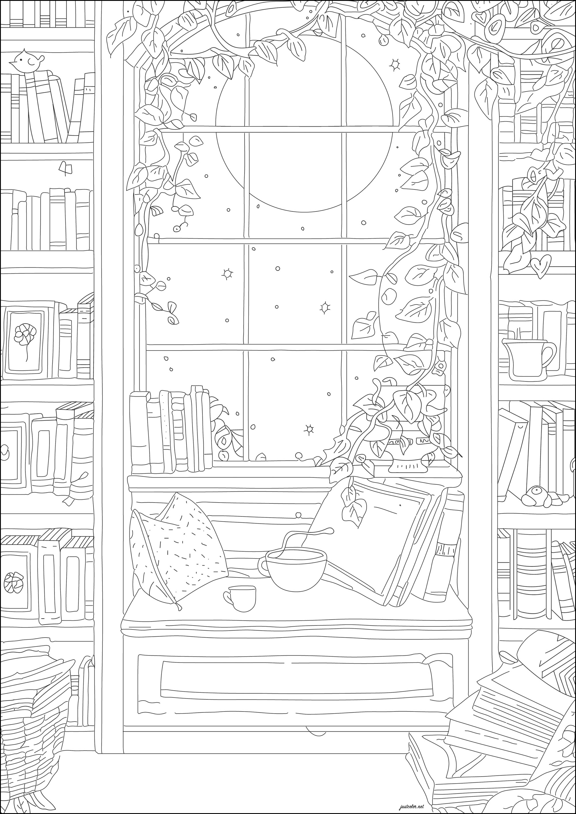 読書とリラクゼーションエリア (ぬりえ 抗ストレス / 禅 大人向け印刷用)