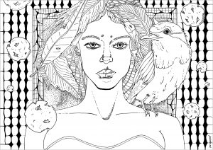肩にカラスを乗せた女性 (ぬりえ 抗ストレス / 禅 印刷用)