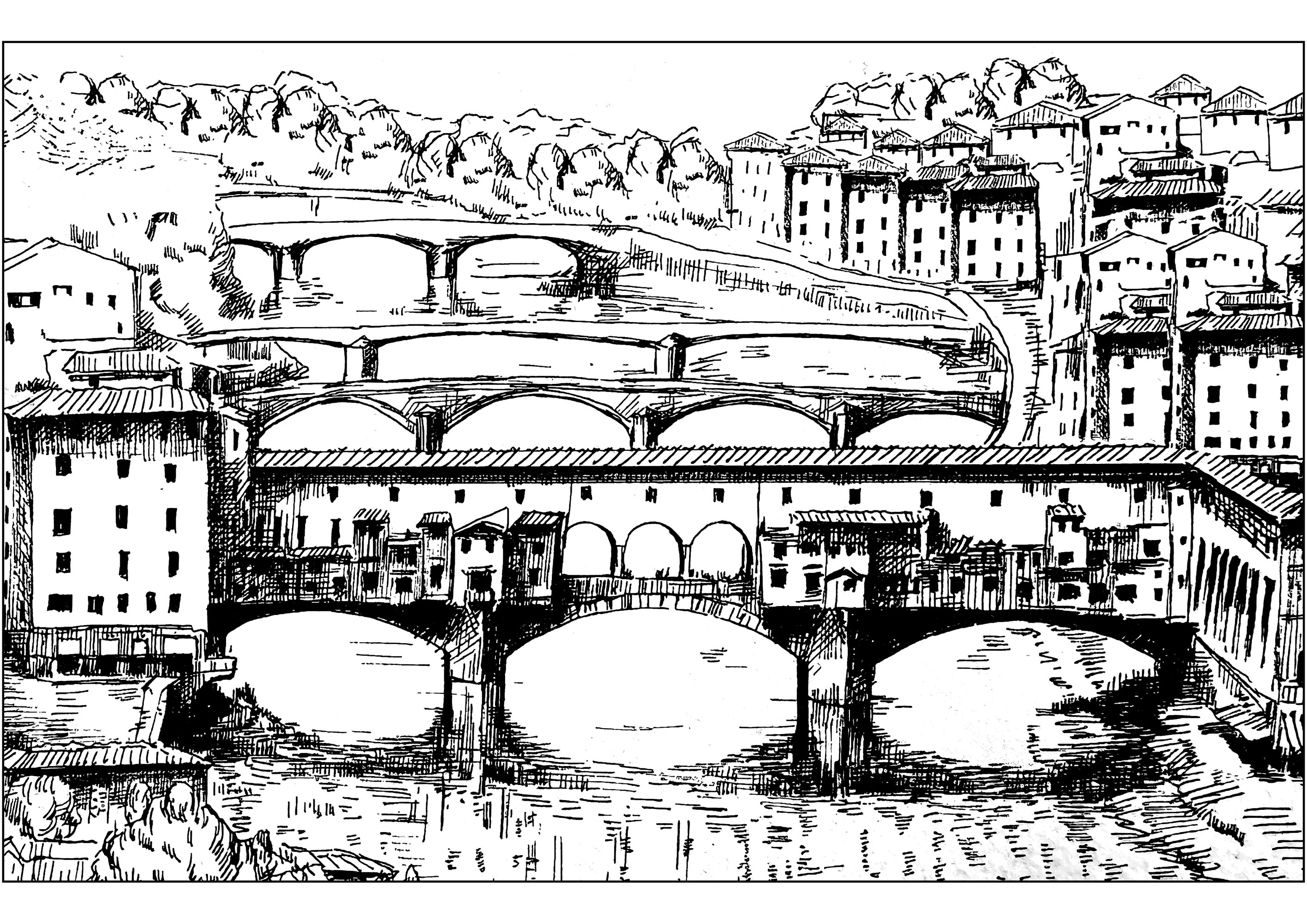 フィレンツェ(イタリア)のポンテ・ヴェッキオ (ぬりえ 建築と家 大人向け印刷用)
