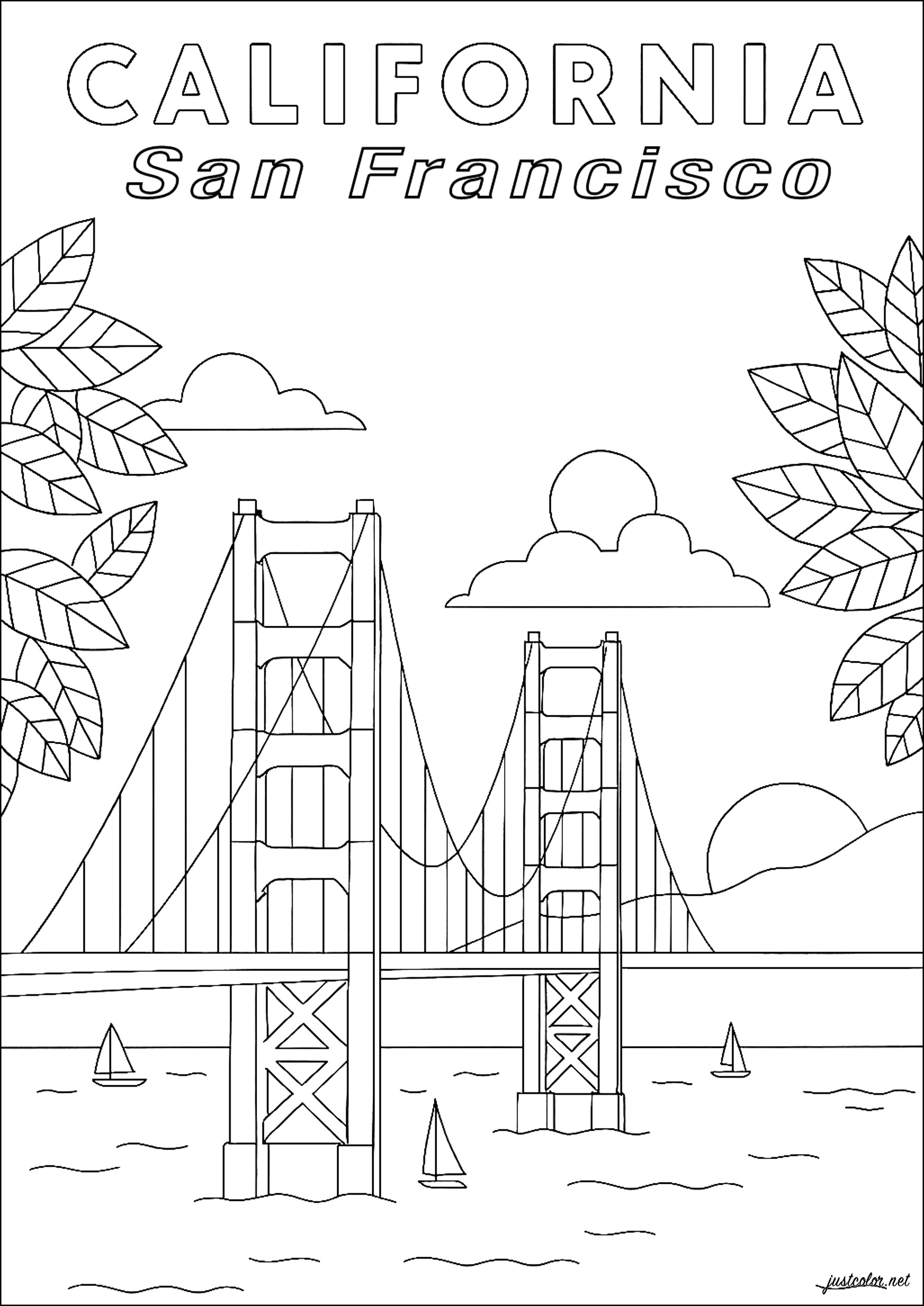 サンフランシスコの象徴的な橋(アメリカ合衆国、カリフォルニア州) (ぬりえ 建築と家 大人向け印刷用)