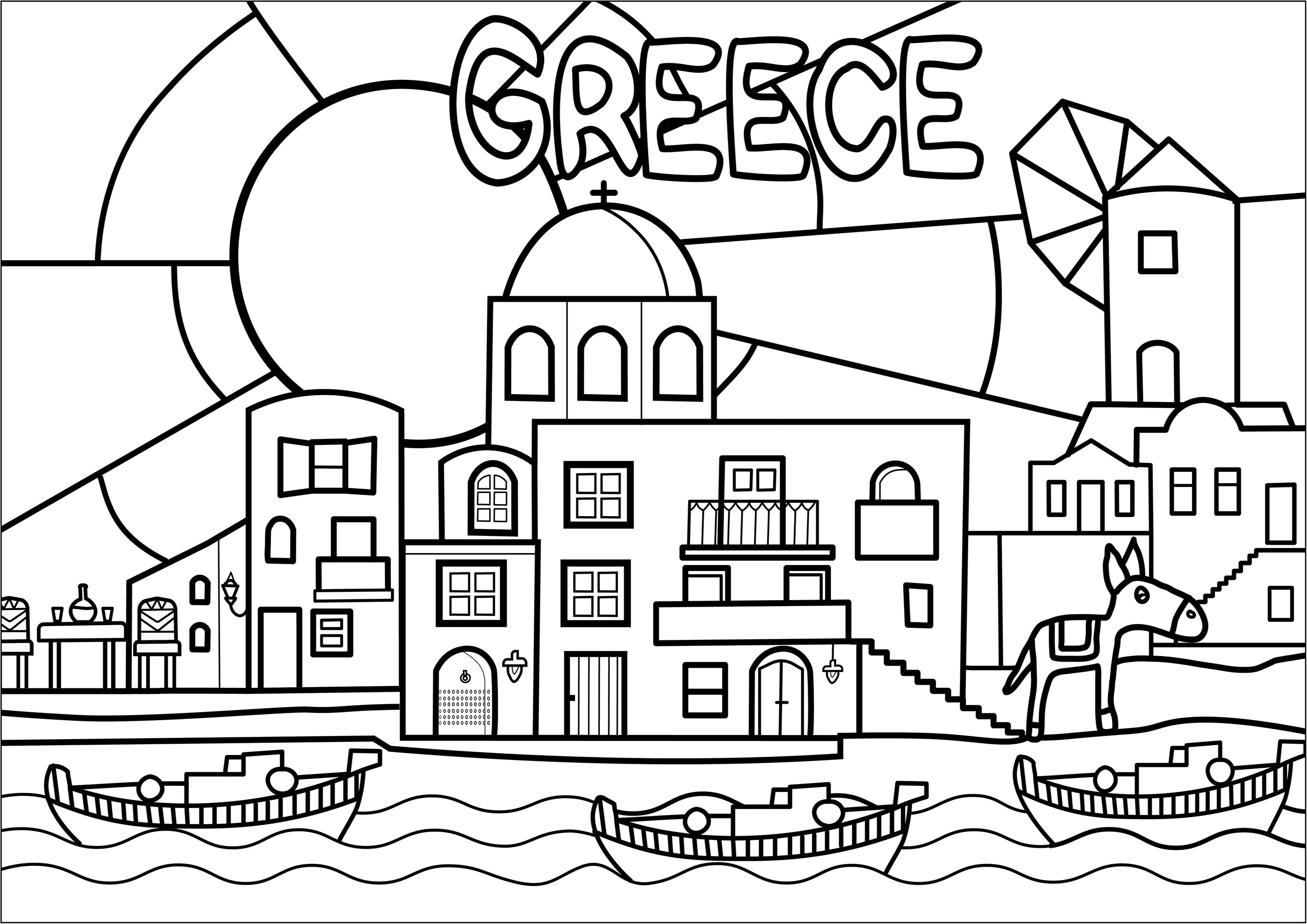 ギリシャの美しい村、典型的な建築様式（シンプル版） (ぬりえ 建築と家 大人向け印刷用)