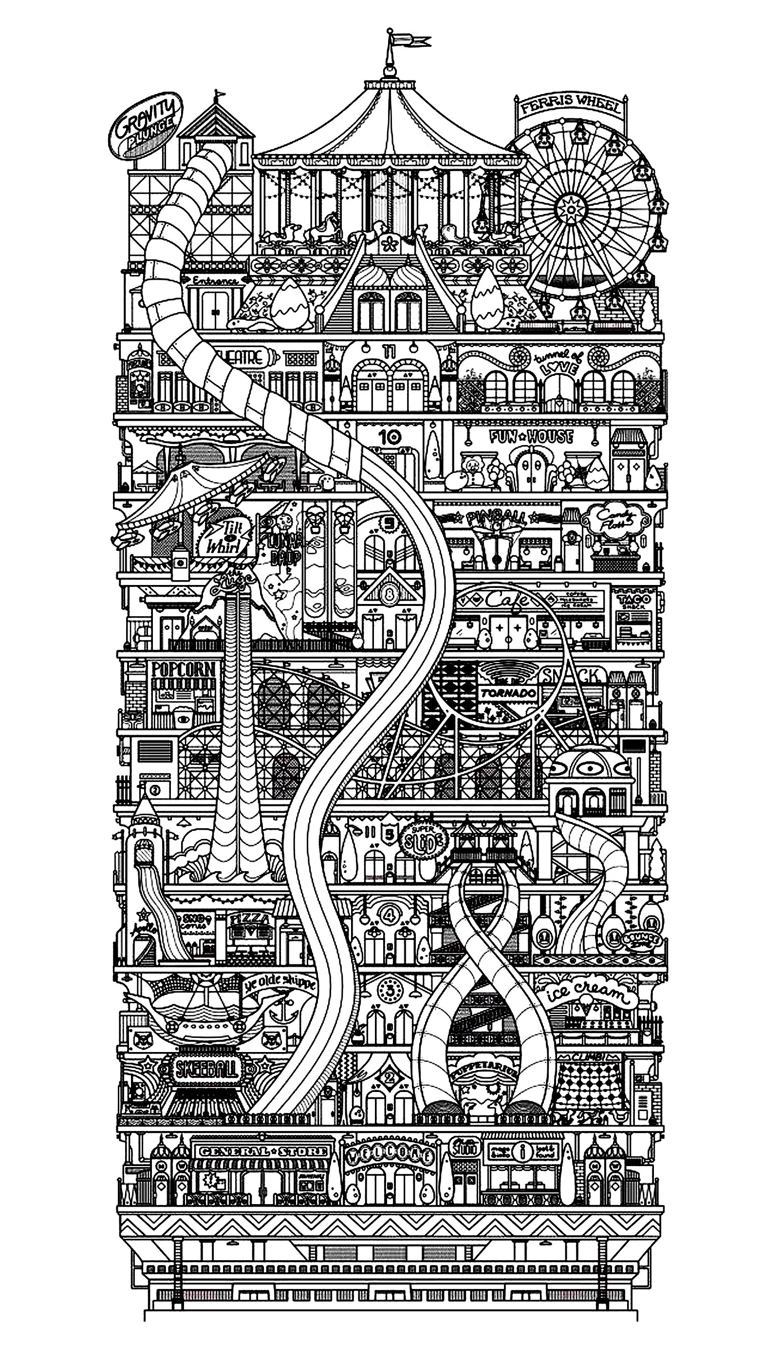 奇妙で垂直な都市の絵 (複雑なぬりえ 国、都市、そして記念碑 大人向け印刷用)