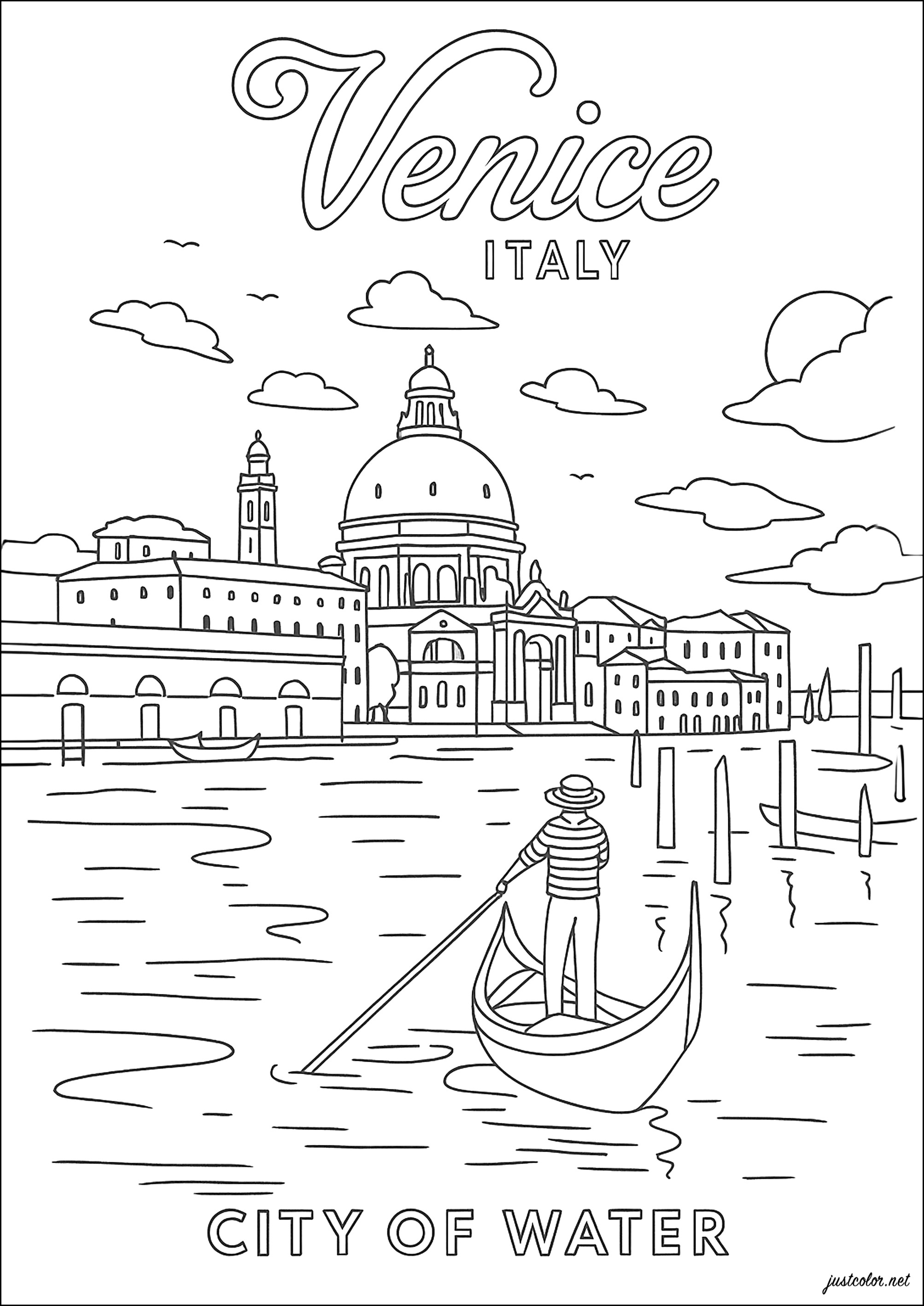イタリア、ヴェネツィアでのロマンチックな散歩 (ぬりえ 建築と家 大人向け印刷用)