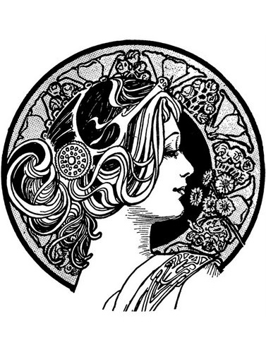 横顔の花を持つ女性（アール・ヌーヴォー） (複雑なぬりえ アールヌーボー様式 大人向け印刷用)