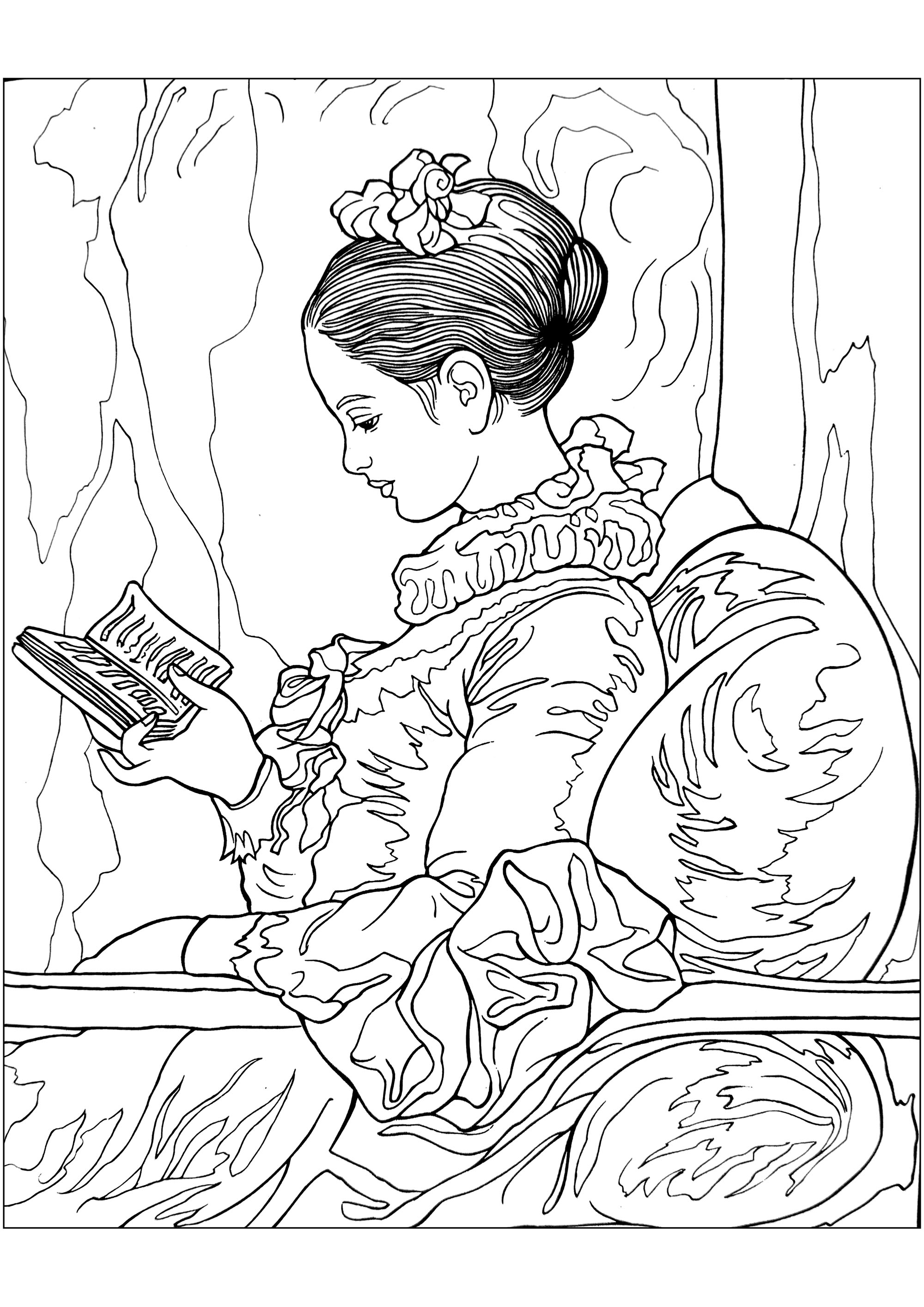 ジャン=オノレ・フラゴナール - 『読書する少女』(1776年) (ぬりえ 傑作 大人向け印刷用)