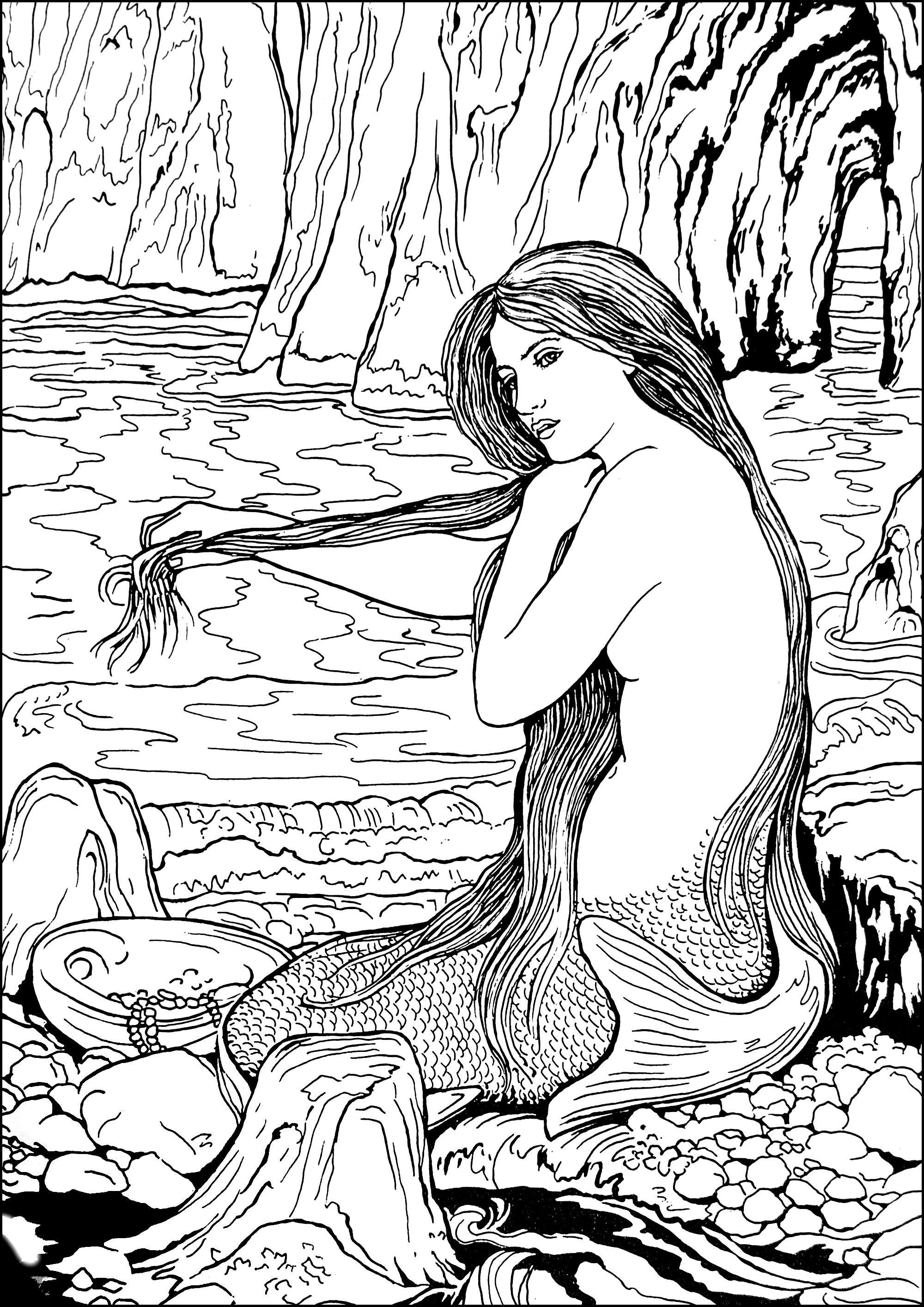 ジョン・ウィリアムズ - 『人魚』(1892年) (ぬりえ 傑作 大人向け印刷用)
