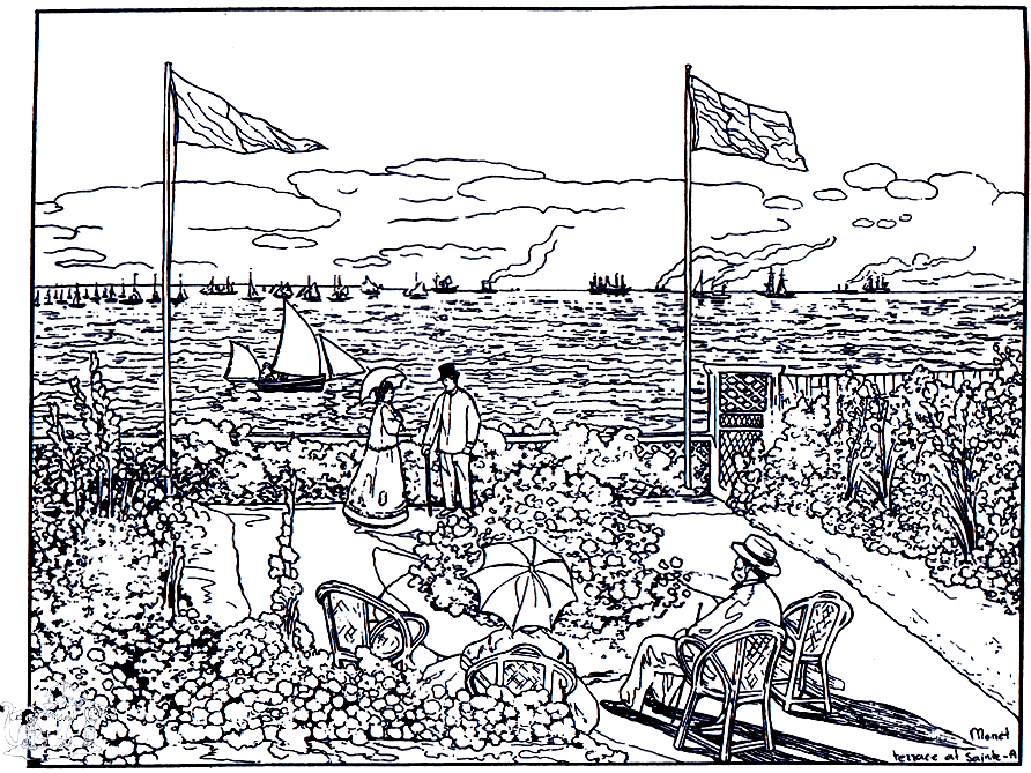 クロード・モネ - 『サント=アドレスの庭園』(1867年) (ぬりえ 傑作 大人向け印刷用)