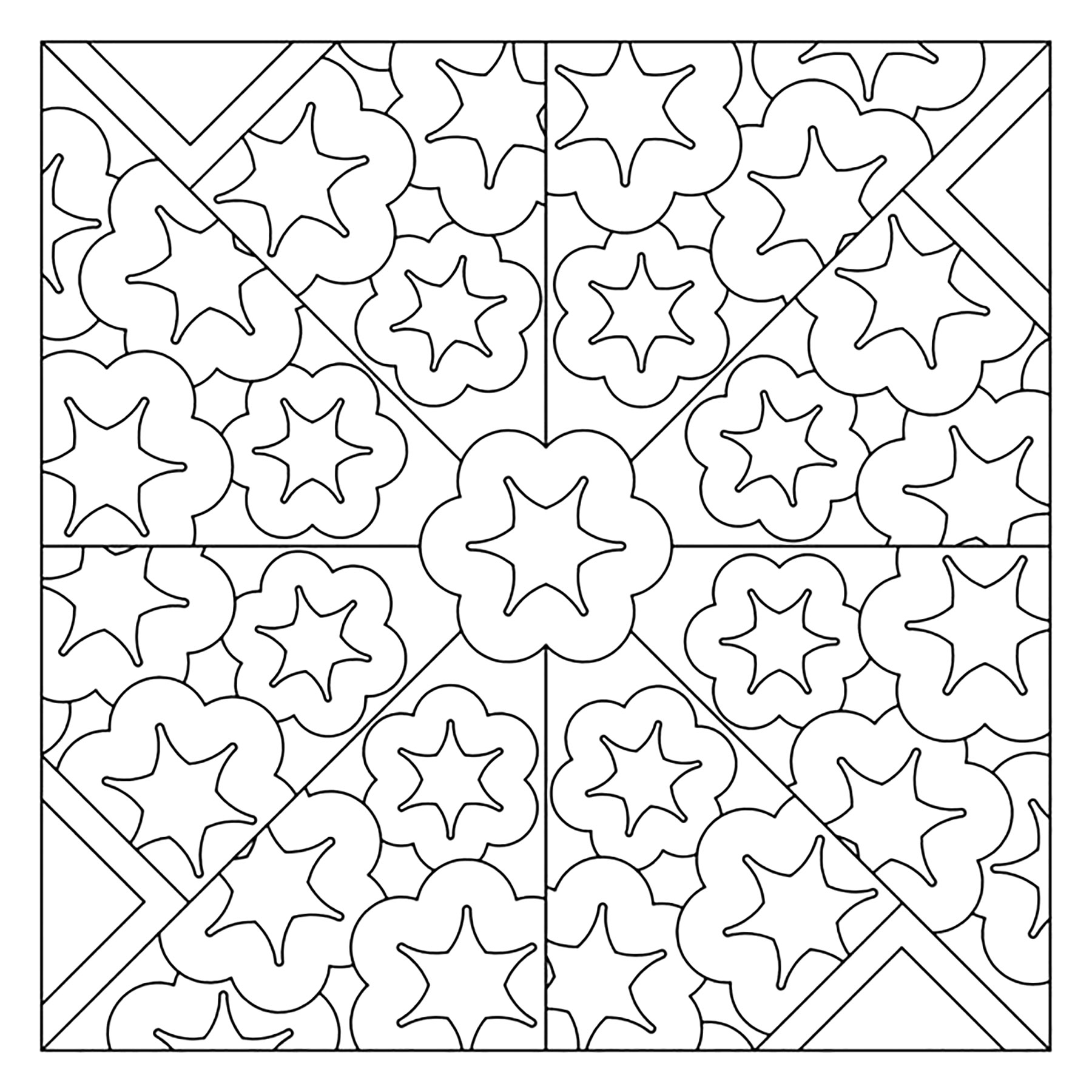 星の花模様の美しいアズレージョ (ぬりえ Azulejos 大人向け印刷用)