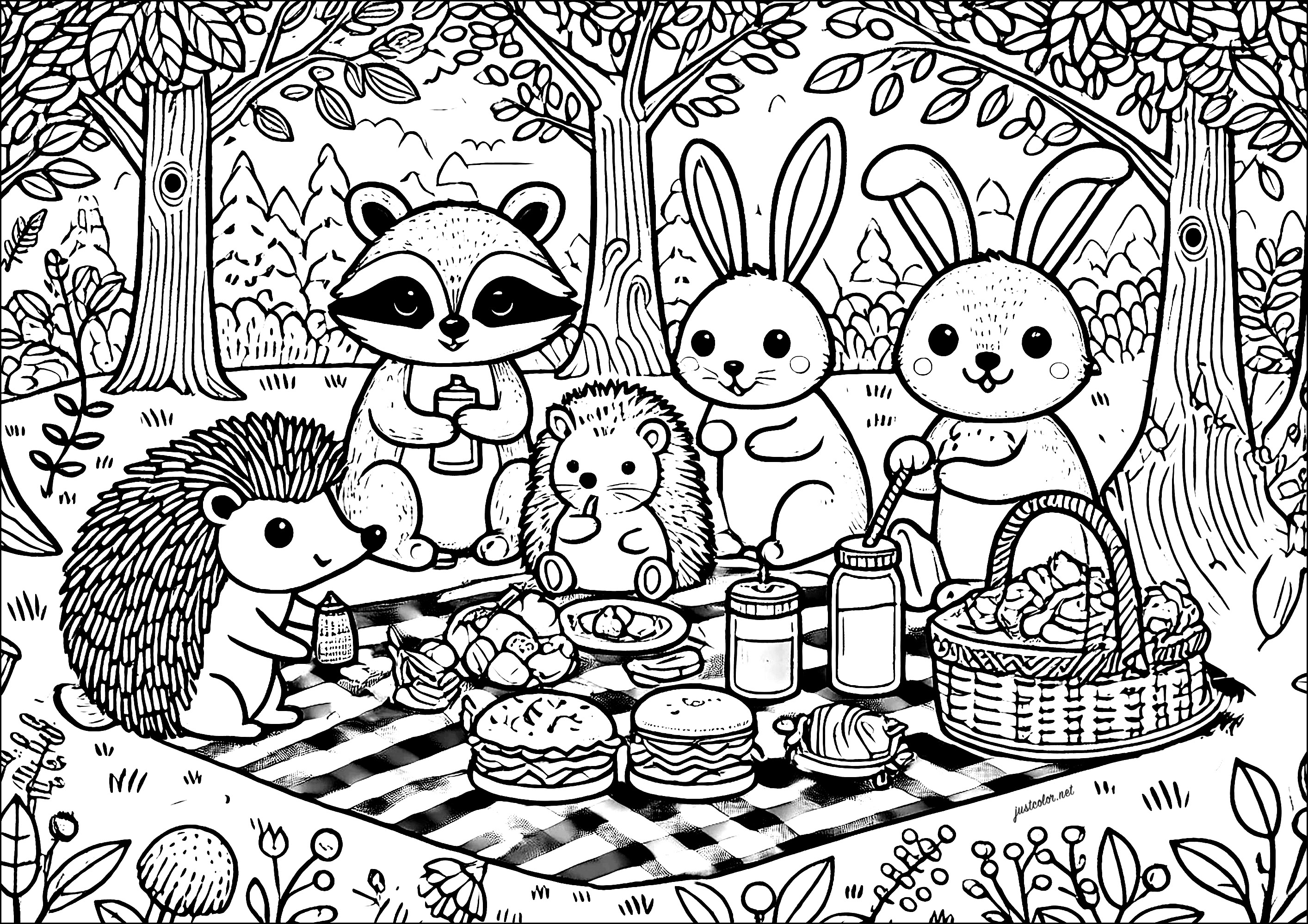 楽しい森の動物ピクニック (ぬりえ 童心に返る 大人向け印刷用)