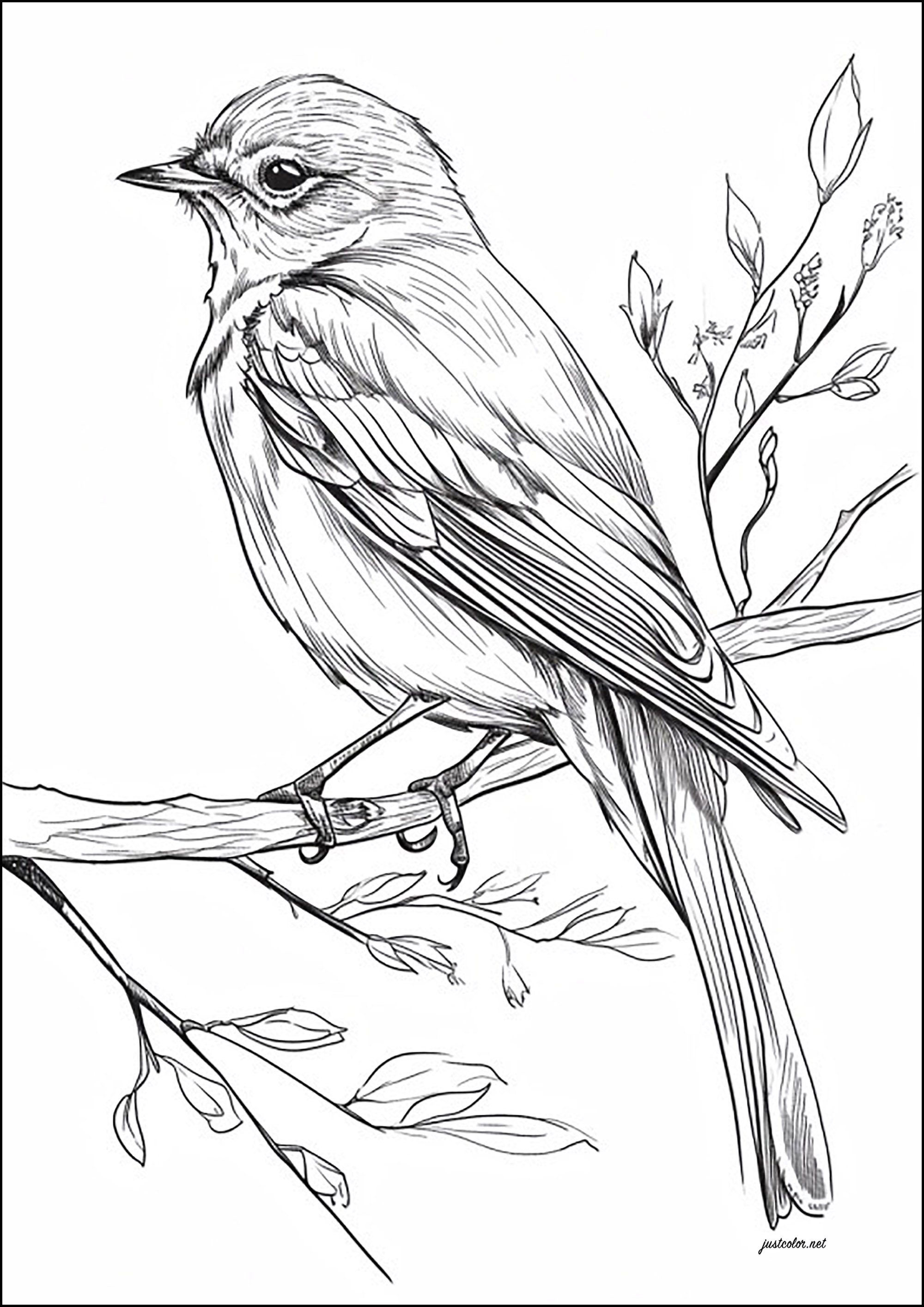 枝にとまる鳥のリアルな絵 (ぬりえ 鳥 大人向け印刷用)