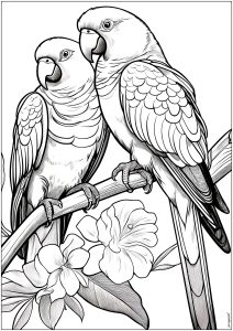 枝に止まる2羽のオウム (ぬりえ 鳥 印刷用)