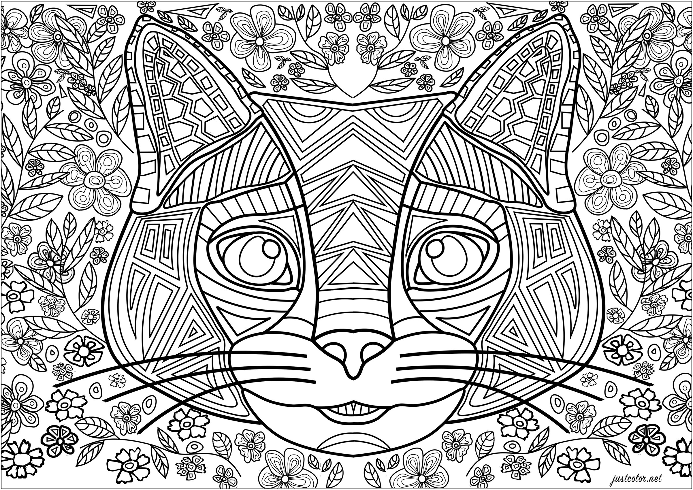 猫の頭を規則的な線で描き、花柄の背景を配したデザイン (ぬりえ Morgan 大人向け印刷用)