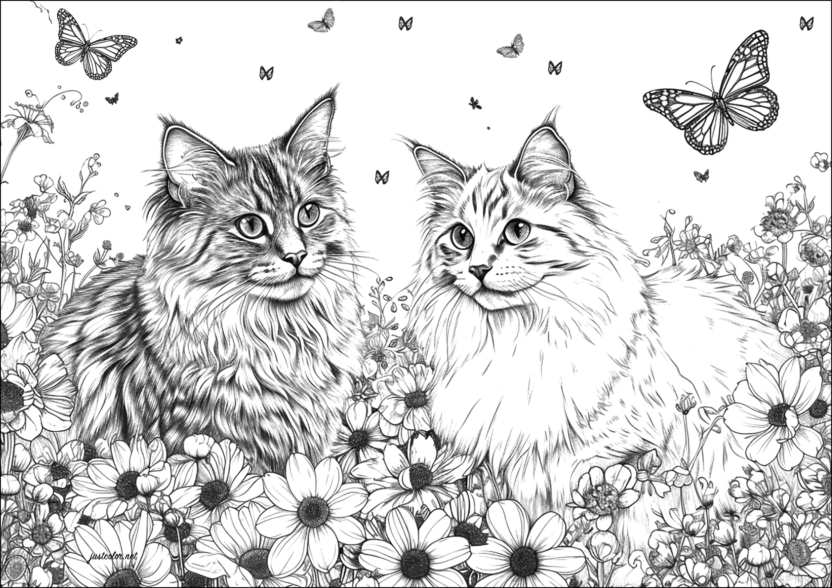 花と蝶に囲まれた非常にリアルな2匹の猫 (ぬりえ 猫 大人向け印刷用)