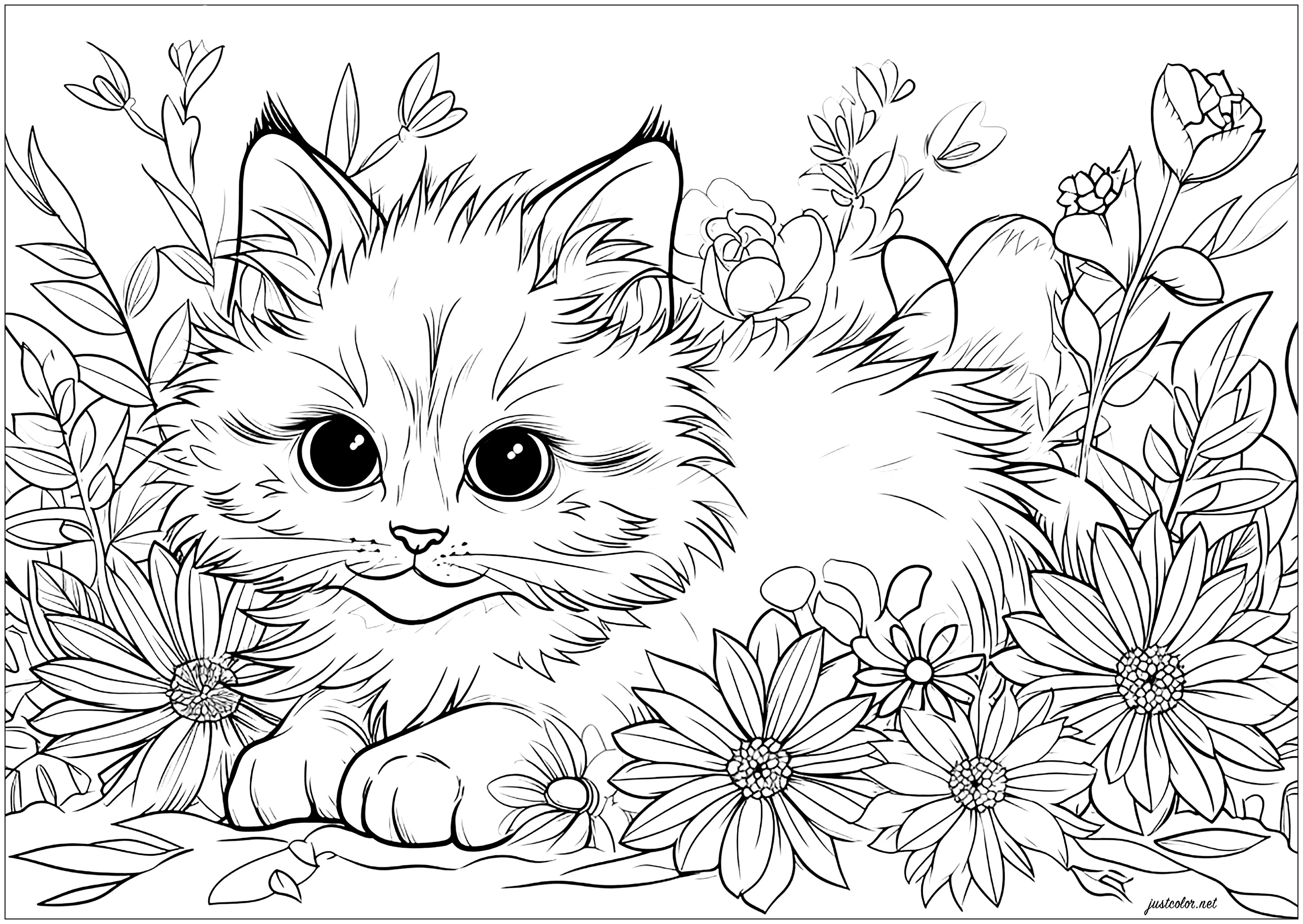 子猫と美しい花 (ぬりえ 猫 大人向け印刷用)