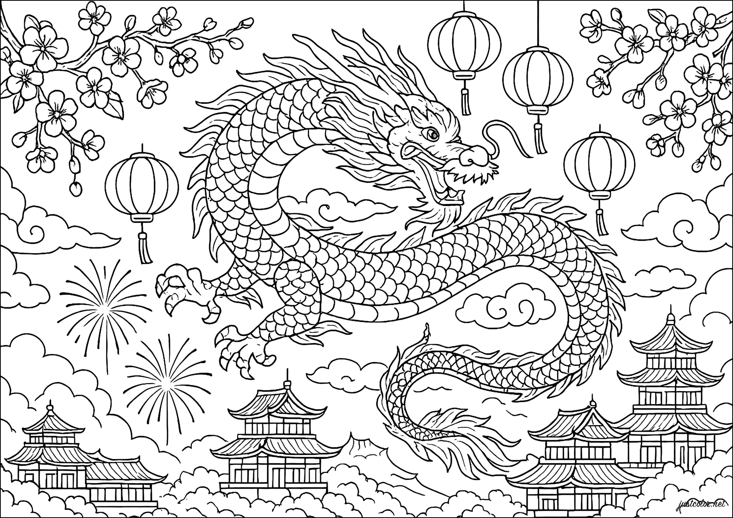 荘厳な中国の旧正月の龍 (複雑なぬりえ 中国の旧正月 大人向け印刷用)