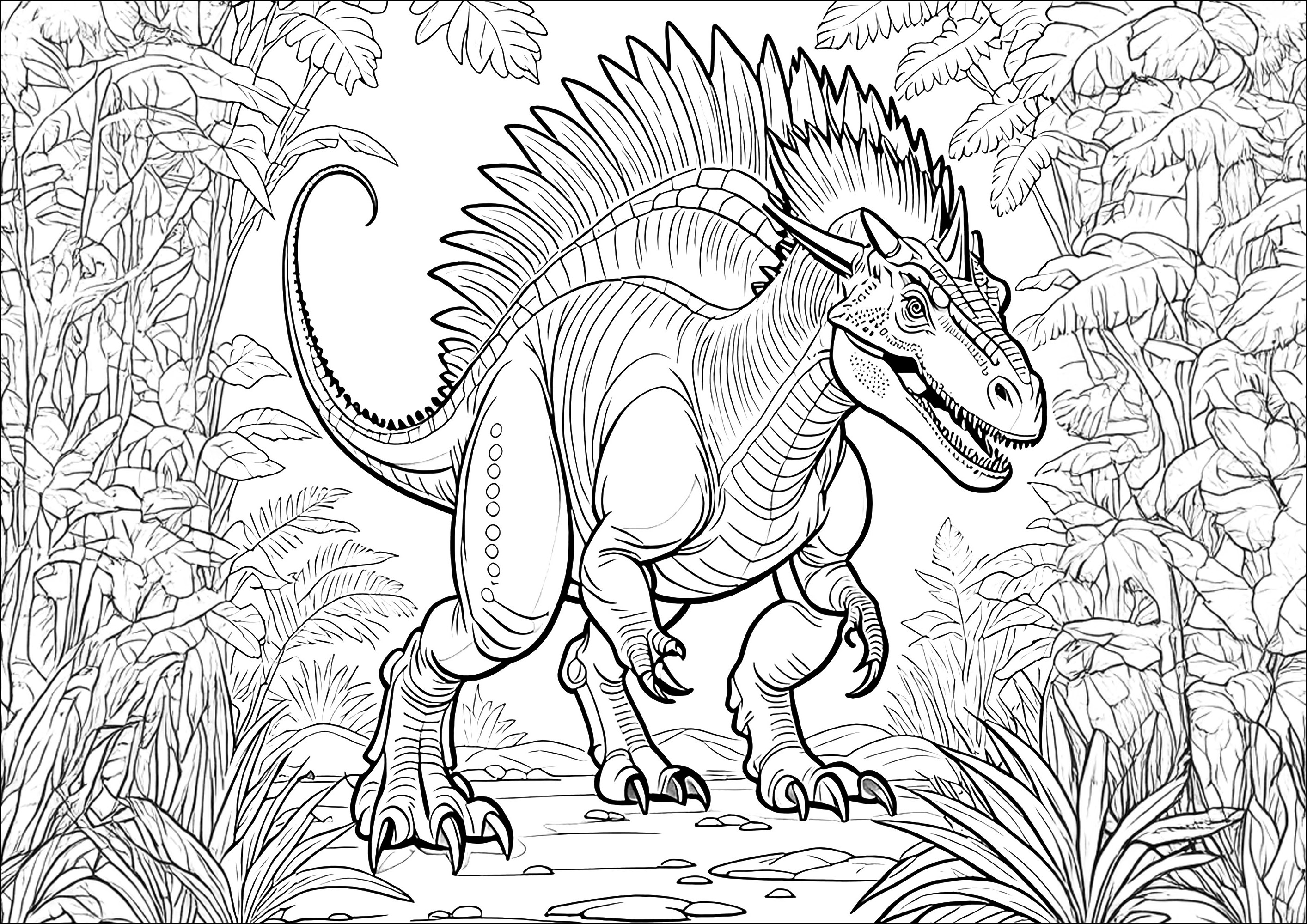 怖い恐竜 - 複雑なぬりえページ 恐竜 印刷用, image size:2828x2000