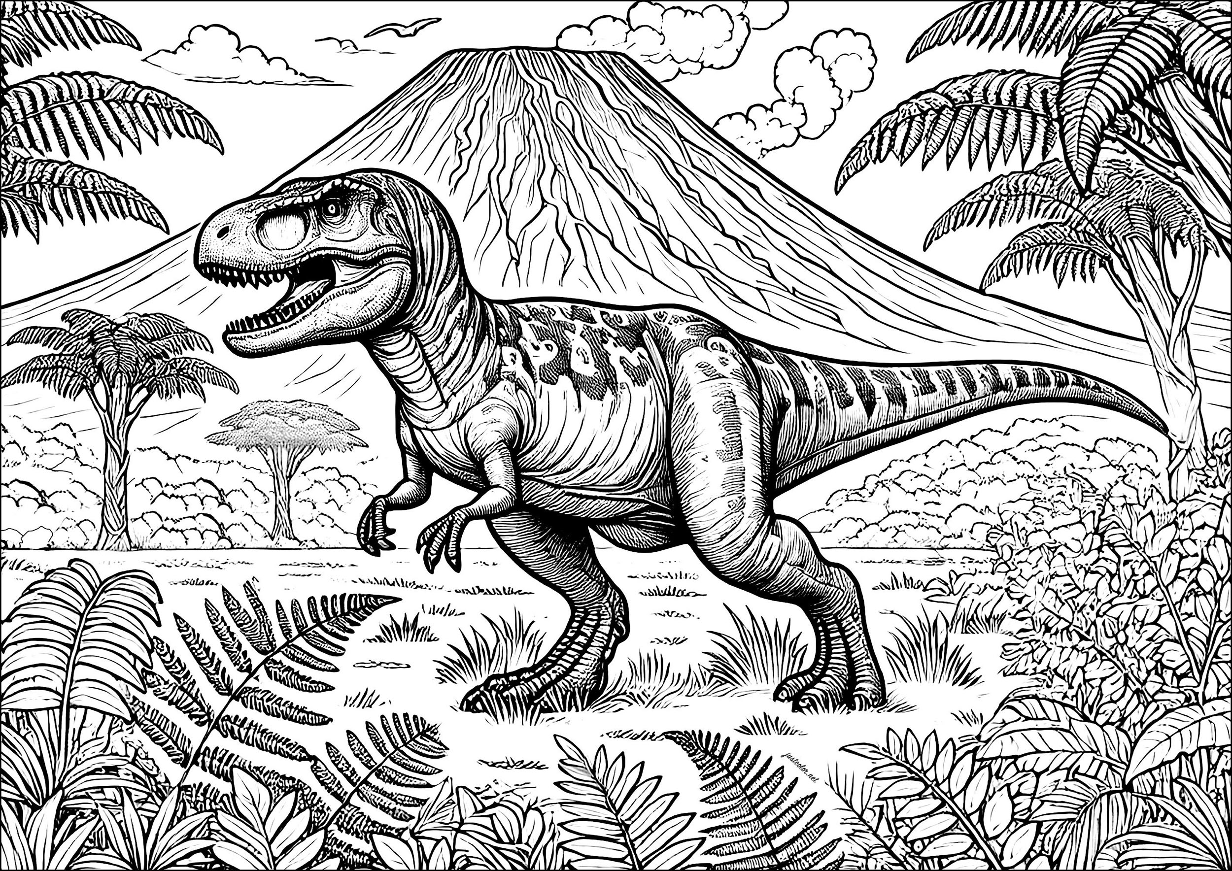 ティラノサウルス・レックスと火山:先史時代の巨人が大地の怒りと出会うとき (ぬりえ 恐竜 大人向け印刷用)