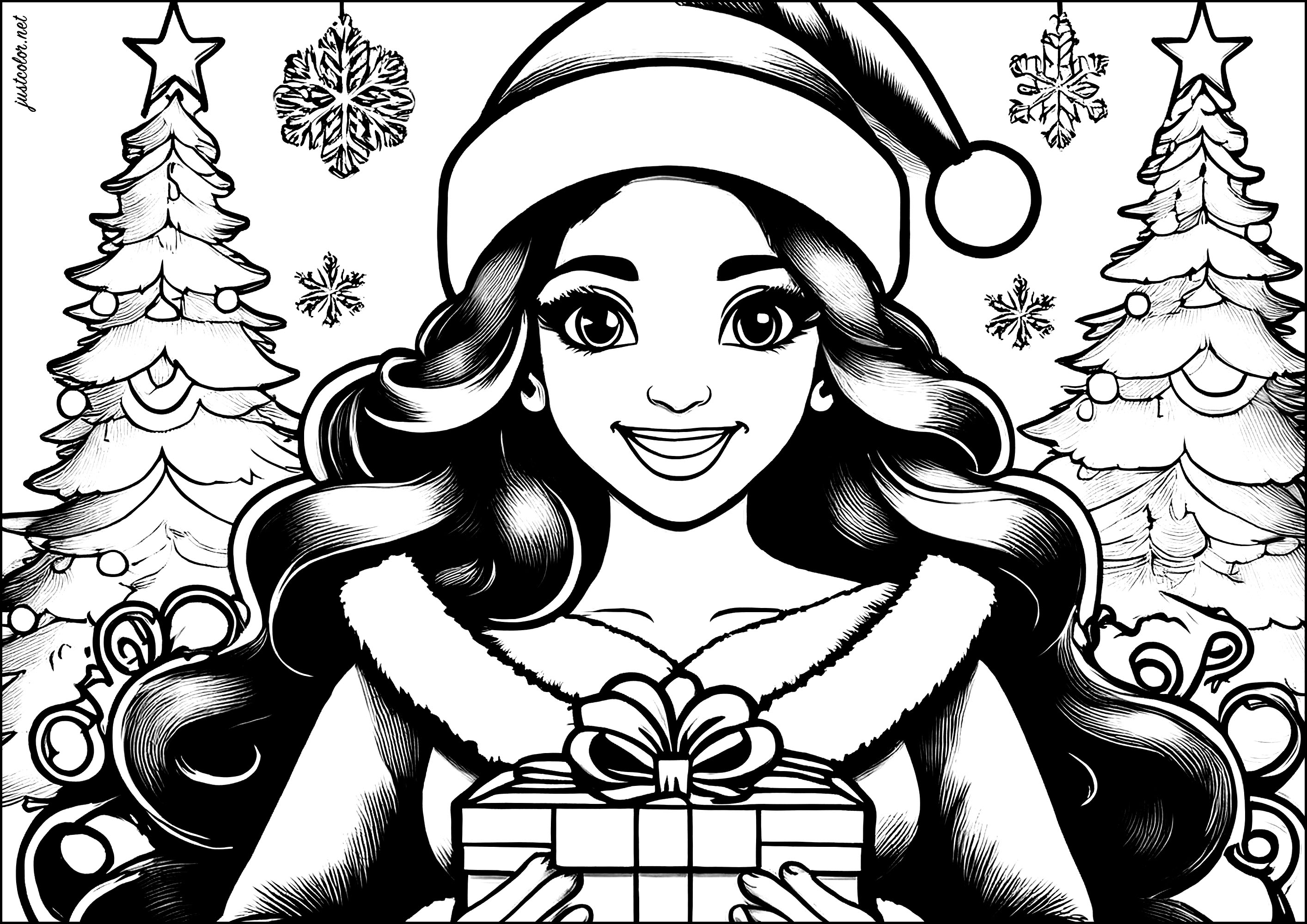 プレゼントを持ったサンタクロースの衣装を着た若い女性 (ぬりえ クリスマス 大人向け印刷用)