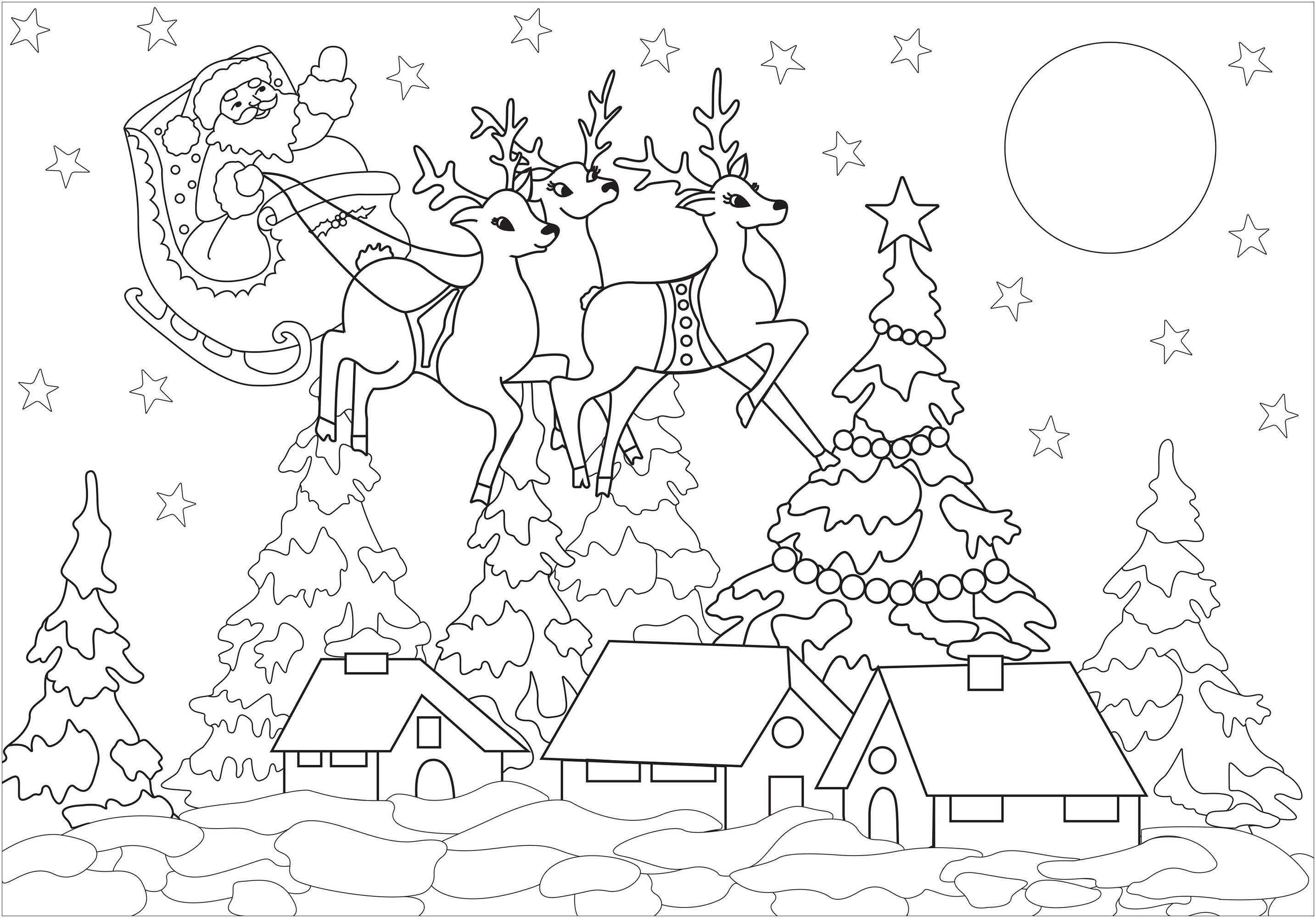 クリスマス村とサンタクロース (複雑なぬりえ クリスマス 大人向け印刷用)