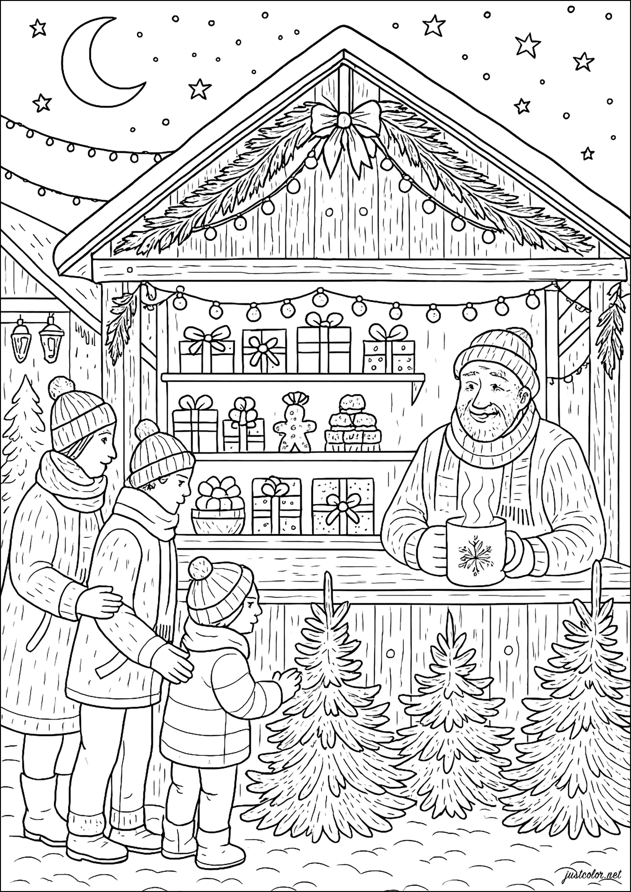 クリスマスマーケット (複雑なぬりえ クリスマス 大人向け印刷用)