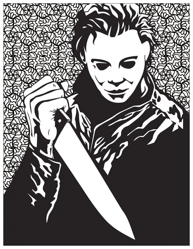 ホラー塗り絵ページ - マイケル・マイヤーズ (ぬりえ ハロウィン 大人向け印刷用)